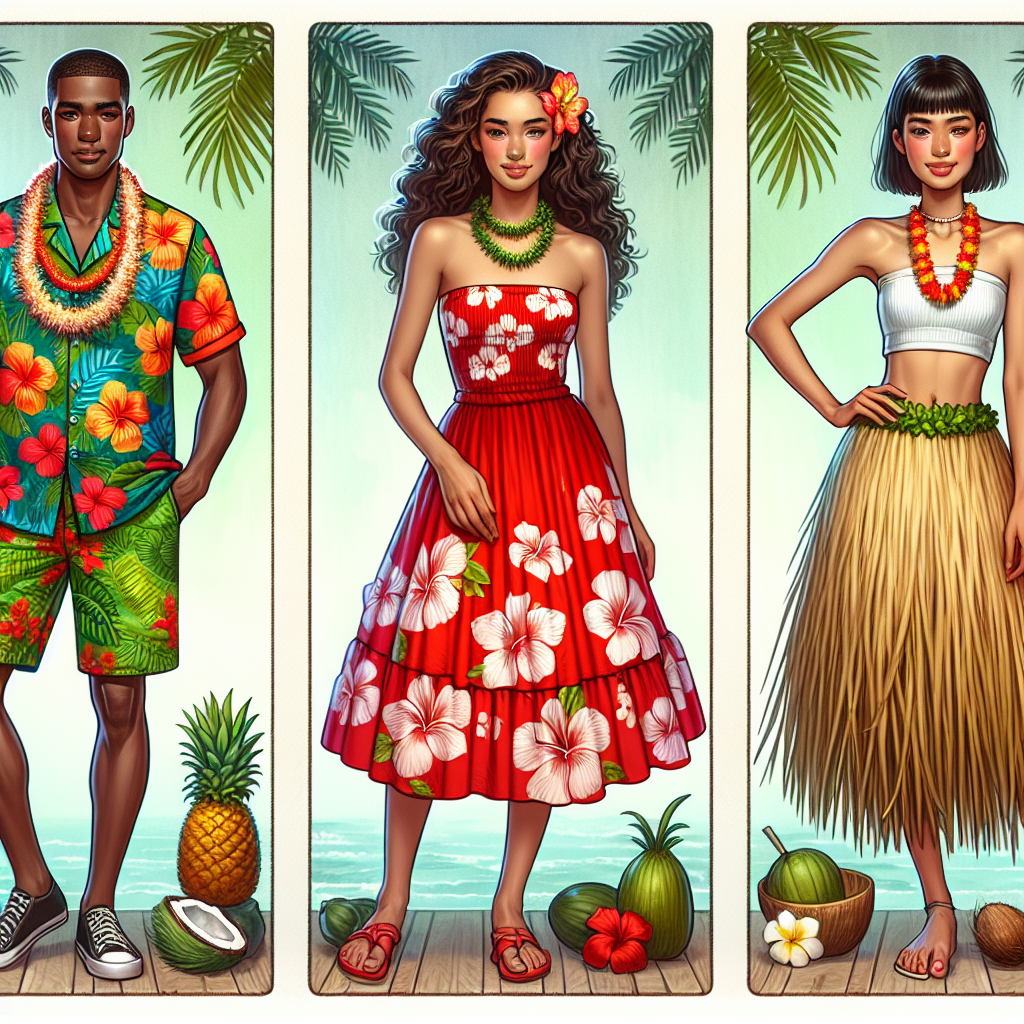 Stunning Hawaiian Party Outfits: Find Your Perfect Look Create an image featuring three different examples of unique outfits perfect for a Hawaiian party. The first outfit should consist of a colorful and vibrant Hawaiian shirt adorned with tropical flowers, worn by a Black male with short hair. The second outfit should be a breezy red sundress with a white hibiscus flower pattern, worn by a Caucasian woman with long, curly hair. The third outfit should be a grass skirt paired with a white crop top, accessorized with a lei necklace, worn by a South Asian woman with a pixie cut. Include glimpses of tropical elements like coconuts, pineapples, and palm trees in the backdrop.