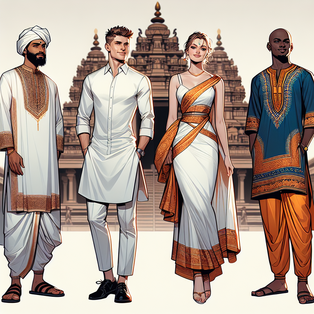 Stunning Temple Attire: Dress Respectfully & Stylishly Illustrate an image showing four individuals in creative and respectful attire apropos to a temple visit. Depict a Middle-Eastern man clad in a traditional kandura with a trendy twist, a White woman wearing a stylish yet modest dress, a South Asian woman exuding elegance in a fashionable saree, and a Black man sporting an updated dashiki. Show them gracefully standing in front of an ornate temple, embodying a perfect blend of devotion and high fashion. Ensure a balance in illustrating the cultural attire, maintaining both veneration and style.