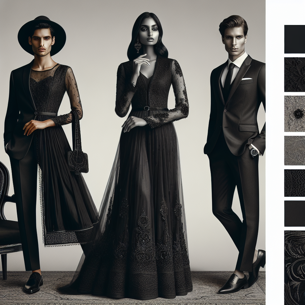 Elegant Funeral Attire: Find Your Perfect Outfit Create a sophisticated and respectful scene set in a funeral context. Center the image on a South Asian woman dressed in a tasteful, luxurious black anarkali suit with intricate lace details. Beside her, depict a Caucasian man donning a sleek, black suit, paired with a white dress shirt and a refined black tie. To their right, illustrate a black woman wearing an elegant, floor-length black dress with long sleeves. Capture subtle hints of accessories like a delicate string of pearls or a black fedora hat. To maintain the solemn atmosphere, adjust color palettes to grayscale and darker tones.
