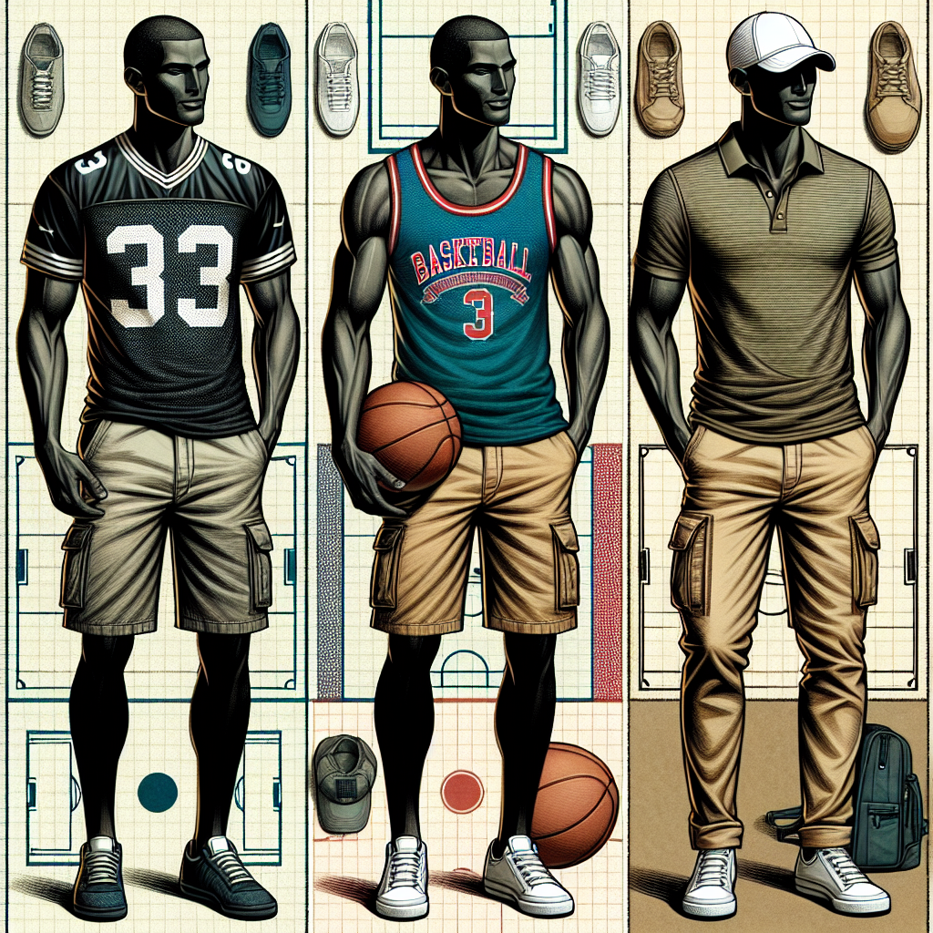 Must-Have Outfits for Men: Effortless Game Day Style A detailed and stylized image of a variety of must-have outfits for men, all ideal for game day. From casual to smart casual attire, there's a range of styles represented. The image focuses on three key items: a football jersey partnered with khaki shorts shown on a Black man, a basketball tank top paired with denim jeans presented by a Caucasian man, and finally a baseball cap matched with a simple polo shirt and cargo pants worn by an Asian man. The background is an abstract representation of different sports fields adding a playful, thematic sense to the scene.