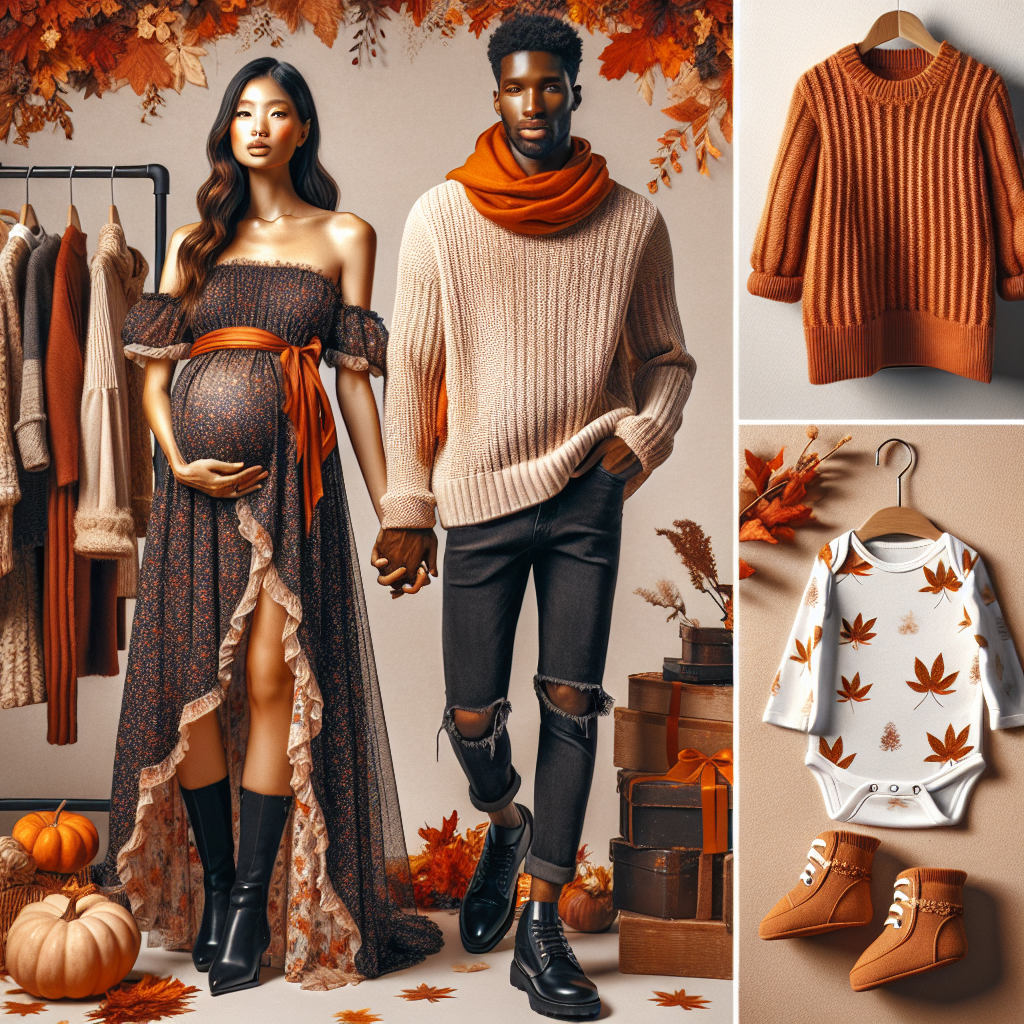 Exclusive Guide: Best Outfits for a Fall Baby Shower A fall aesthetic scene showcasing a variety of baby shower outfits. Picture a South Asian woman in a chic maternity dress adorned with fall tones and a Middle-Eastern woman in a cozy, layered outfit with bright orange scarf draped around her neck. A black man stands confidently in a knitted sweater, dark denim, and stylish boots, holding a gift box. On a nearby clothing rack, display a onesie with fall leaf patterns and a tiny pair of baby booties. The background is decorated with autumn leaves, pumpkins, and warm-toned lights.
