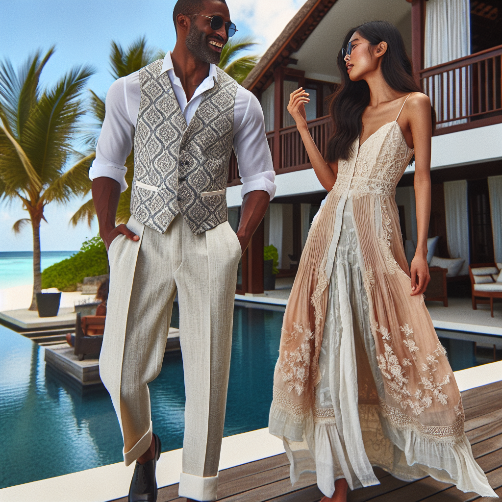 Luxury Resort Outfits: Must-Have Styles for Christenings Scene showing a high-end resort where two individuals are showcasing their must-have outfit styles for christenings. One person is a tall, Black man with a refined ensemble consisting of light, breathable materials - linen trousers, a crisp white shirt, and a finely patterned silk waistcoat. Nearby, a South Asian woman complements his style, adorned in an elegant, flowing maxi dress with delicate lace detailing and pastel colours. They are both interacting joyously, surrounded by the scenic beauty of the resort with palm trees in the background, enhancing the ambiance of the scene.