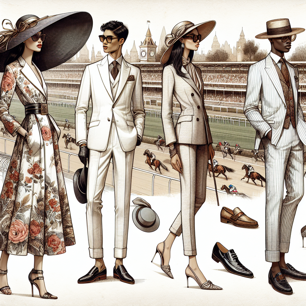 Must-Have Outfits for a Stylish Race Day Create an image showcasing a variety of fashionable race day outfits. On the left, depict an Asian woman in a sophisticated floral dress paired with a large brimmed hat, delicate gloves, and classy heels. In the middle, illustrate a Middle-Eastern man in a tailored white linen suit, matching loafers, and a Panama hat. On the right, portray an African man wearing a modern blazer with patterned trousers, a matching tie, stylish sunglasses, and polished shoes. In the background, create a bustling but refined race track, hinting at the excitement and glamour of the day.
