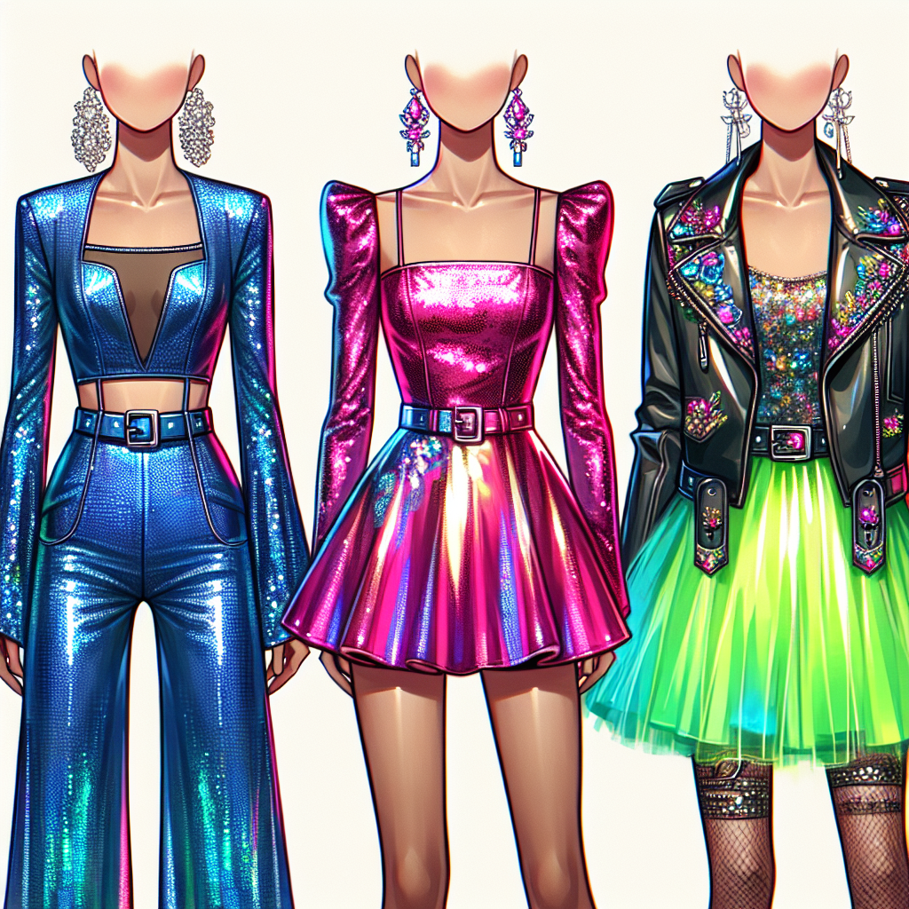 Create an image showcasing three different eye-catching concert outfits. First, an electric blue sequined jumpsuit, featuring flared bottoms and a cutout detail at the waist. Second, a trendy metallic mini-dress in radiant pink, complemented with statement crystal earrings. The third outfit should be a trendy, edgy black leather jacket paired with a neon green tulle skirt. The outfits should express a strong sense of individual style, inspired by vibrant pop culture fashion trends.