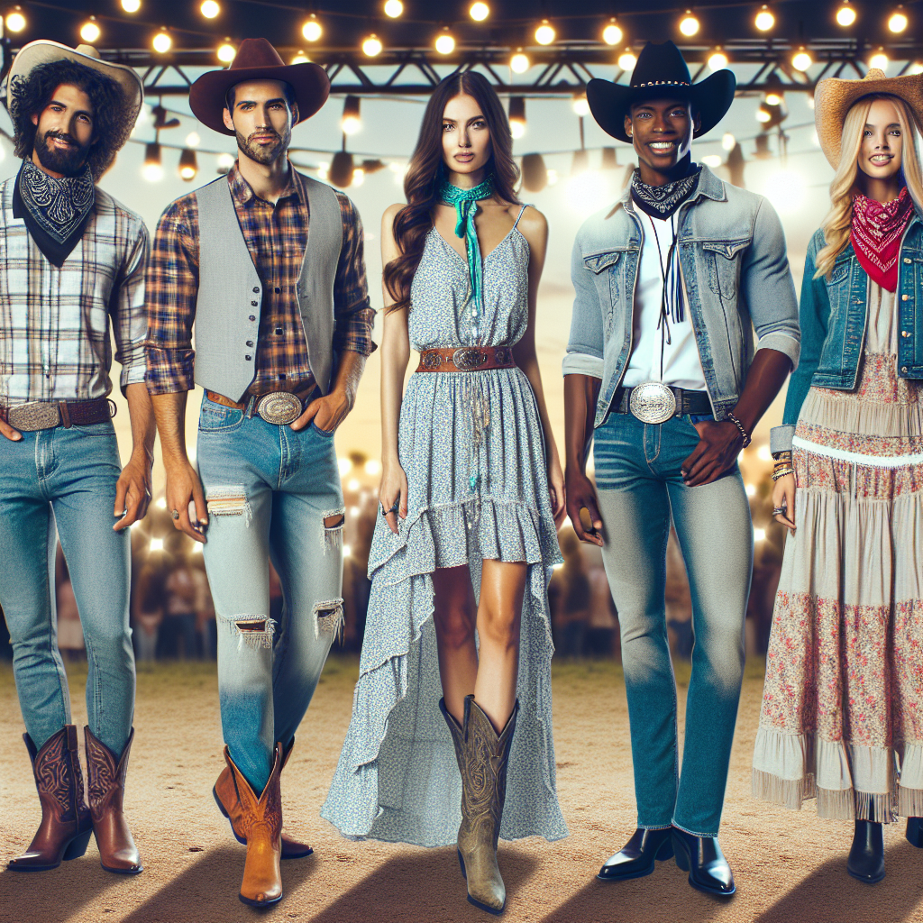Picture various stylish outfits appropriate for a country music concert. First, a pair of boot-cut jeans, a plaid shirt and a cowboy hat, worn by a Middle-Eastern man. Next to him, a Caucasian woman in a flowing boho-style maxi dress with cowboy boots and turquoise jewelry. Also, a South Asian woman wearing high-waisted denim shorts, a fringe vest, and a bandana around her neck. Finally, a Black man looking smart in fitted jeans, a western bolo tie, a denim shirt, and a pair of polished cowboy boots. All of them are standing under the festoon lights, looking excited and ready for the concert.