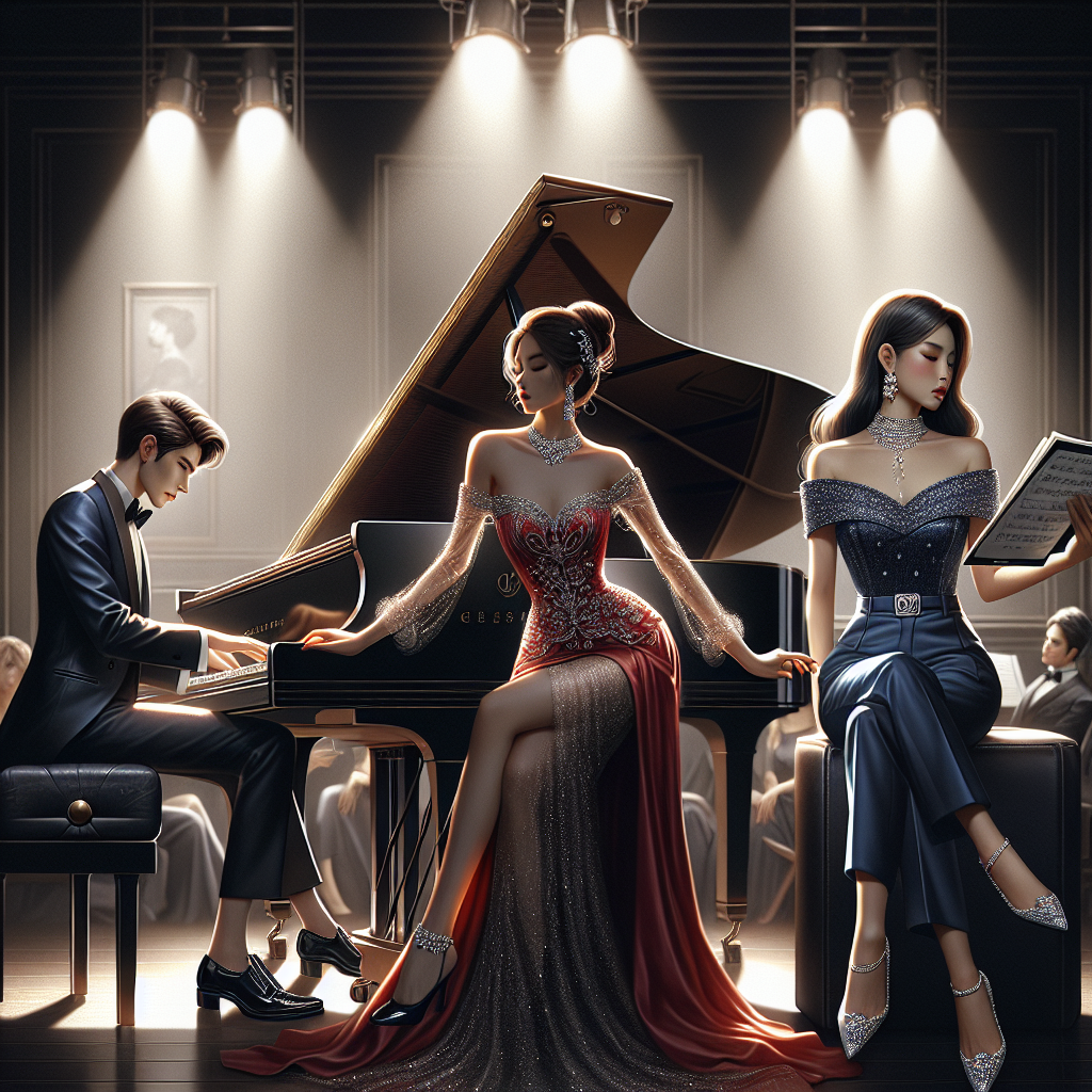 Stunning Outfits for Piano Recitals: Dress to Impress A classy and elegant piano recital setting with three models showcasing stunning recital outfits. The first model is a Caucasian male in a sleek, black tuxedo with polished black shoes, playing a grand piano. The second model is an Asian female, beautifully adorned in a flowing red gown with sparkly diamond accessories, passionately listening to the piano music. The third model is a Middle-Eastern female in a smart, blue pantsuit with high heels, studying the sheet music. All of them are under a spotlight on a stage with a blacked-out audience.
