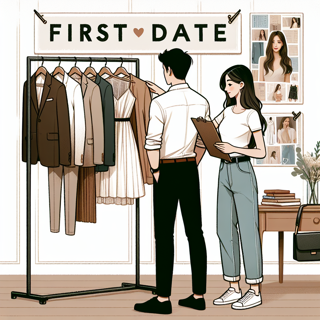 First Date Fashion: Discover Your Stunning, Effortless Look A detailed scene representing first date fashion ideas. In the center, there's a clothing rack with various stylish outfits. To the left, a Caucasian woman is looking at a simple, elegant dress, holding it up to herself in front of a mirror. On the right, an Asian man is glancing at a casual yet trendy shirt and jacket combo. In the background, a mood board is featuring fashion magazine cutouts. The atmosphere is light and charming, reinforcing the feeling of an effortless look.