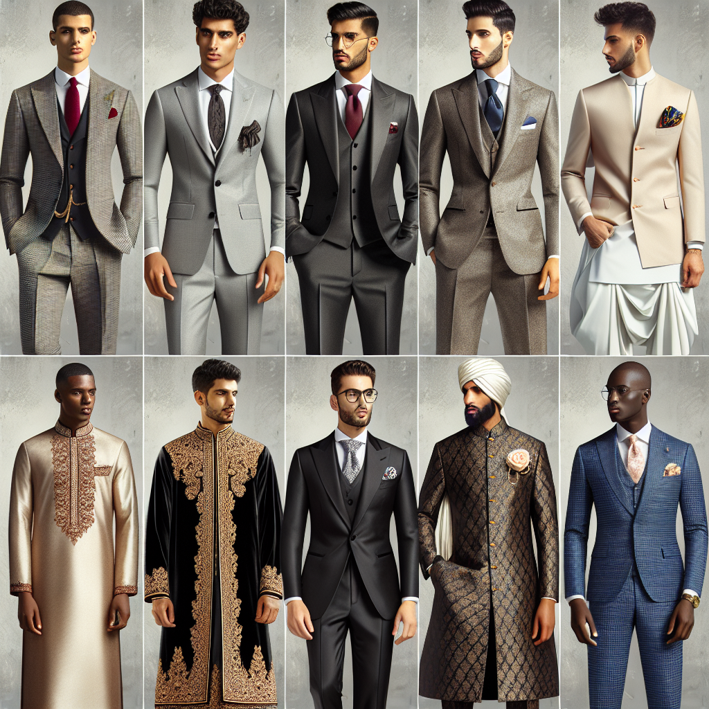 Wedding Guest Style: Must-Have Men’s Outfits Imagine a variety of stylish wedding guest outfits for men. The first scene showcases a Middle-Eastern man in a tailored grey suit, complete with a crisp white shirt and burgundy tie. In another area, a Caucasian man, looking dapper in a traditional black tuxedo with a white dress shirt and a patterned pocket square. Following this, there is a South Asian man adorned in an elegant sherwani, richly embroidered with gold detailing. Finally, envision a Black man wearing a sleek blue suit with a matching waistcoat, a pastel shirt, and a complementary tie.