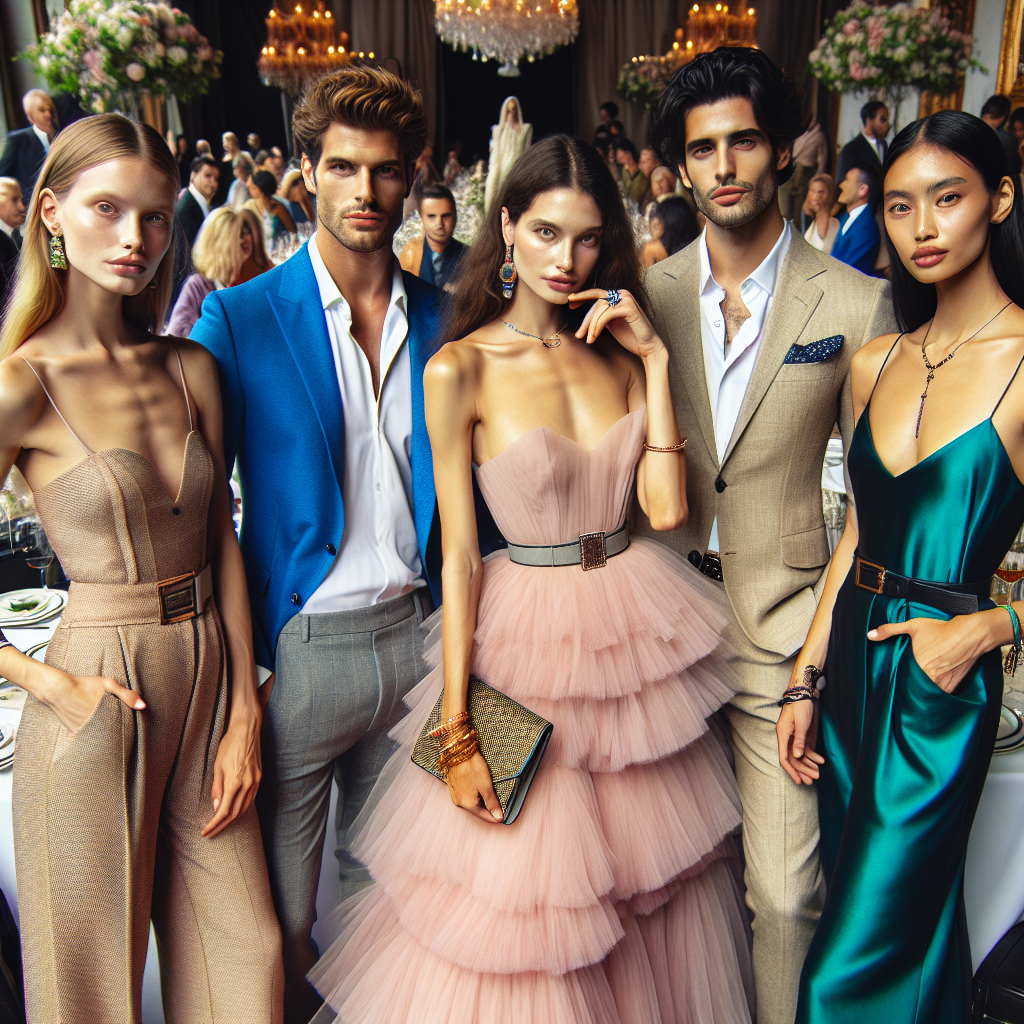Stunning Outfits for Fashion Show Luncheons Envision an elegant scene at a high-end fashion show luncheon. Detail a diverse mix of individuals, including a Caucasian woman dressed in a lavish pink tulle maxi gown, a Hispanic man in a stylish cobalt blue suit, a South Asian woman in a trendy mustard yellow jumpsuit, a Middle Eastern man in a classy beige linen suit, and a Black woman exuding sophistication in an emerald green silk dress. They all carry accessories that complement their outfits. The environment around them is filled with other guests, beautiful decoration, a catwalk in the distance, and an aura filled with excitement and anticipation.
