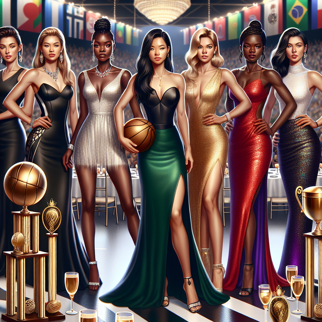 Stunning Sports Banquet Styles for Women A glamorous sports banquet scene filled with women representing a variety of descripts. An Asian woman adorns a classic black dress, while a Hispanic woman showcases an elegant red gown. A Middle-Eastern woman brings color with a stunning emerald green dress and an African woman shines in a gold sequin number. In the background, a South Asian woman stands out in a majestic purple sari. Each woman's attire complements their athletic physique. The setting is decorated with trophies and banquet tables filled with beautiful centerpieces, while the atmosphere buzzes with celebratory energy.
