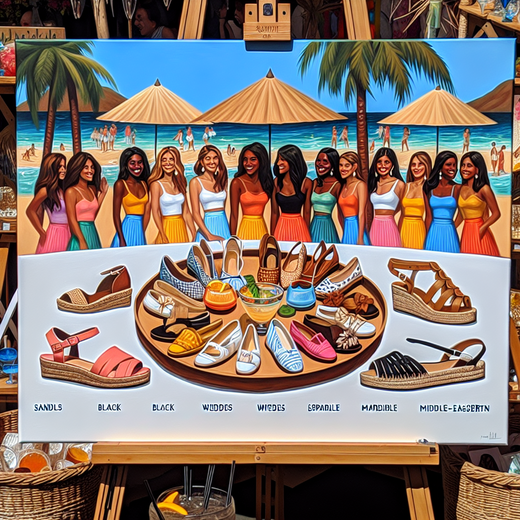 Must-Have Shoes for Skorts at Margaritaville Party Create a tropical scene at an island-themed party showcasing a platter of must-have shoe styles, perfect to pair with skorts. The display should consist of sandals, wedges, and espadrilles in vivid hues reflecting the spirit of Margaritaville. The party surroundings should be vibrant, dotted with palm trees, tiki torches, and cocktail tables. Include guests wearing skorts, of diverse descents such as Black, Hispanic, White, and Middle-Eastern with varying genders. The canvas should capture the relaxed, fun-filled ambiance associated with Margaritaville.
