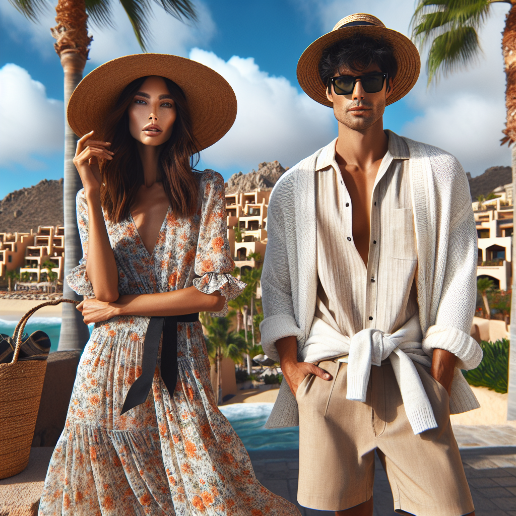 Imagine a fashionable scene set in Cabo in December. Palm trees and resorts are in the background, under a clear blue sky. A woman of African descent is wearing a breezy floral maxi dress paired with a straw hat, ideal for a warm winter climate. Nearby, an Asian man is flaunting a relaxed linen shirt and beige chino shorts, with a light white sweater tied around his shoulders - a perfect look for cooler evenings. They both have stylish sunglasses on, creating an image that reflects stylish resort wear for winter in Cabo.