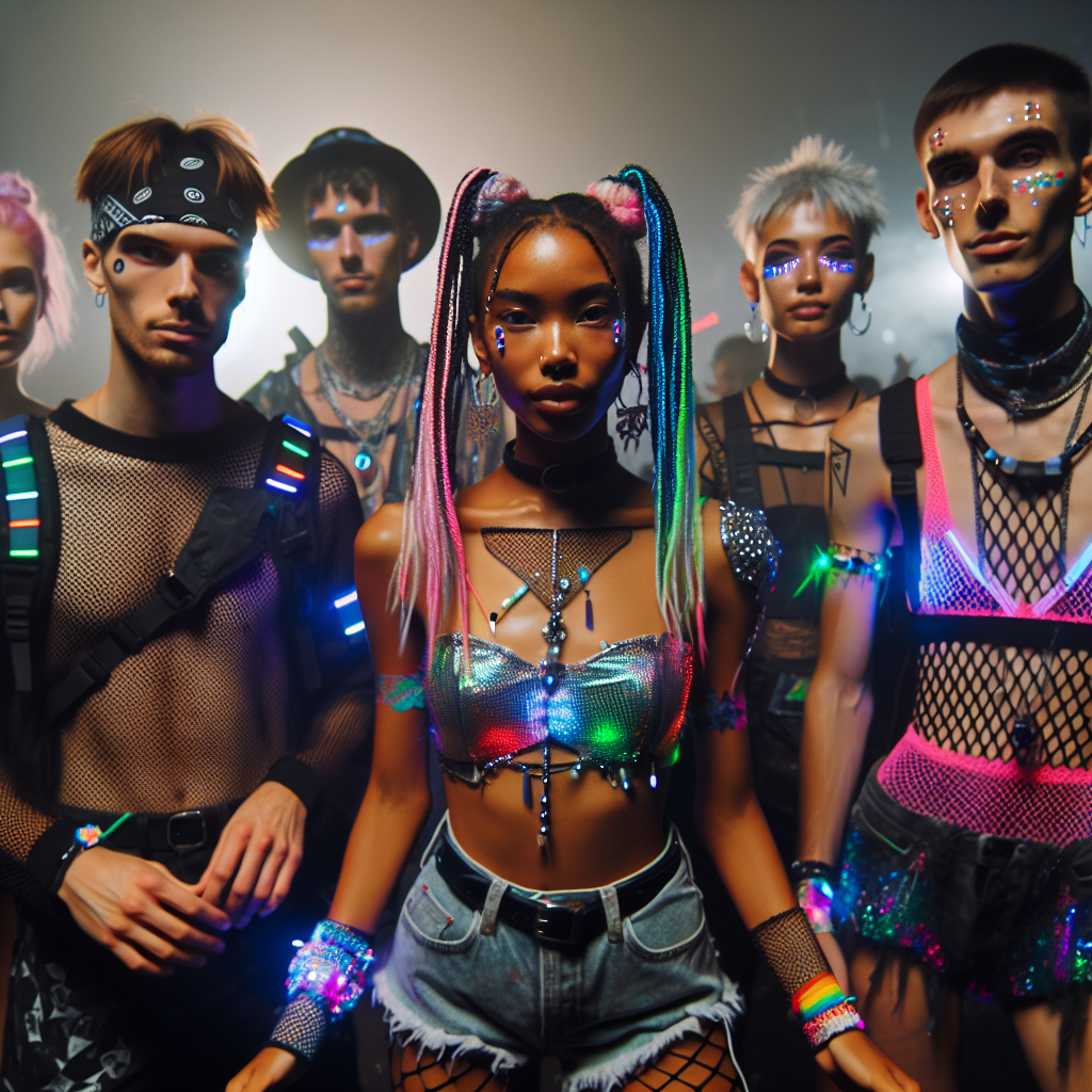 Image of a diverse group of young individuals at a music festival all dressed in rave ready clothing. A black female wearing neon braids and holographic clothes is dancing in the center. To her right, a Hispanic male with buzz cut hair is dressed in cyberpunk style attire, illuminated by hidden LED lights. In the far right, a Caucasian male with a bandana and painted face, is wearing a mesh top and colorful LED accessories. In the far left, a South Asian female with short pixie cut hair, is wearing a rainbow jumpsuit paired with UV reactive make up.