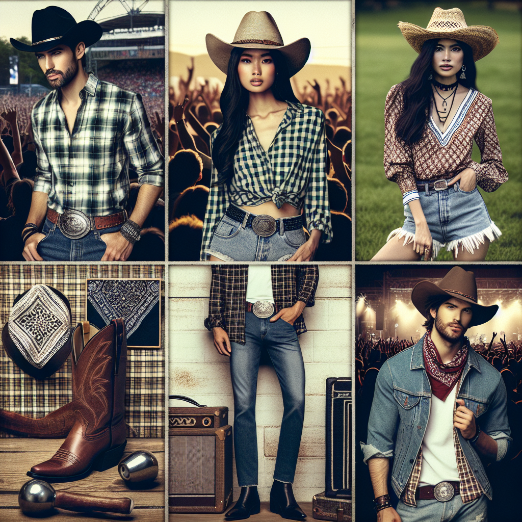 Country Concert Outfits: Effortless, Must-Have Styles A lively country-themed concert atmosphere showcasing a collage of effortless, must-have styles. On one side, picture a stylish South Asian gentleman clad in a classic cowboy hat, plaid button-up shirt, denim jeans, and polished boots. On another side, an empowered Middle-Eastern woman in a fashionable straw hat, geometric patterned blouse, cut-off shorts and rustic cowboy boots. Also, display a Hispanic male in treated denim with a traditional cowboy belt buckle, complimented by a rustic bandana around his neck. Include lively concert elements in the background for context.