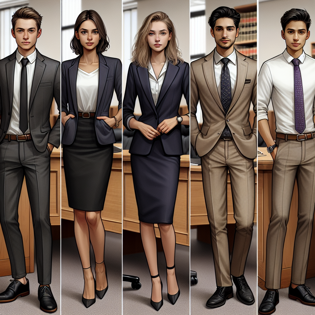 Court Spectator Outfits: The Affordable Must-Have Guide Imagine a collage of five individuals attending a court session. They are dressed in affordable yet stylish clothes suitable for the setting. From left to right, a Caucasian male in a charcoal grey suit, a Hispanic female in a smart navy blazer with a knee-length skirt, a Middle-Eastern male in a tailored beige business suit, a white female in a black pencil dress, and a South Asian male in a crisp white shirt, black trousers, and a tasteful purple tie. Each is displaying a high degree of professionalism and respect for the courtroom environment.