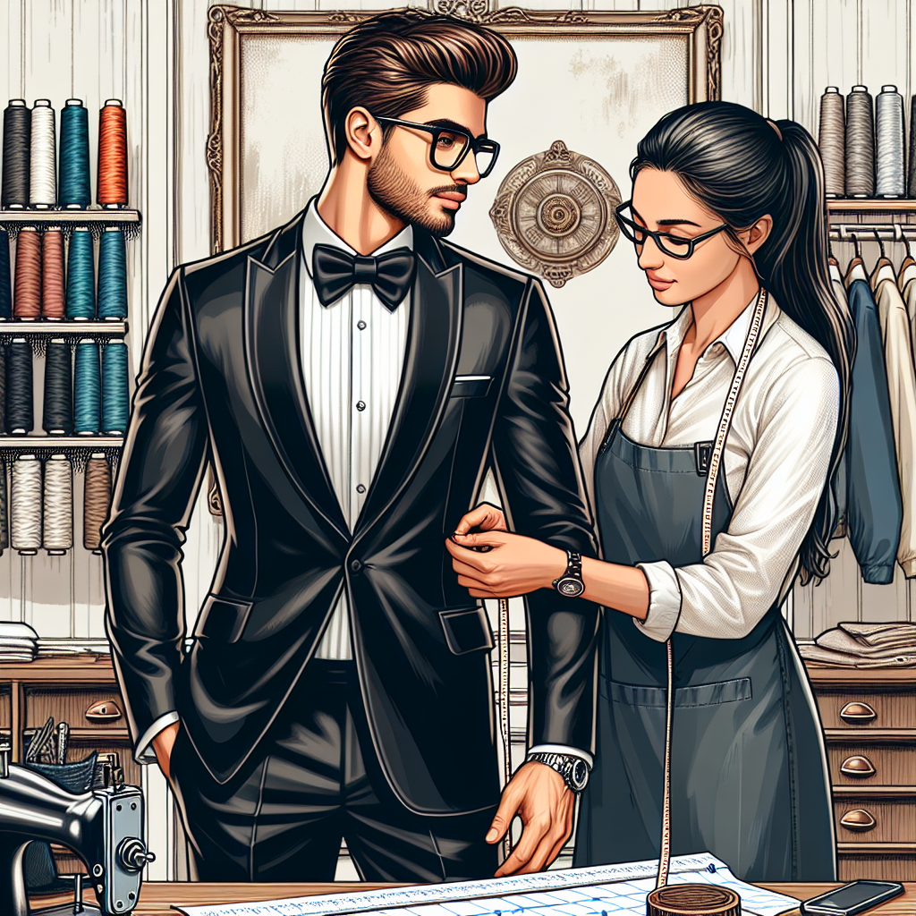 Tuxedo Fitting Guide: Effortless Style Essentials A detailed illustration of a Caucasian man in his mid-thirties, with neatly groomed hair and a pair of trendy glasses, stylish and confident, standing in a classy tailoring shop. He's being assisted by a Middle-Eastern woman tailor, professional, and experienced in her job. He's trying on a sleek black tuxedo, the tailor is adjusting the fit of the jacket, taking precise measurements with a measuring tape. The scene of tuxedo fitting unfolds against the backdrop of a tailor's shop equipped with spools of thread, assorted fabrics, and vintage tailor equipment offering a sense of authenticity and craftsmanship.