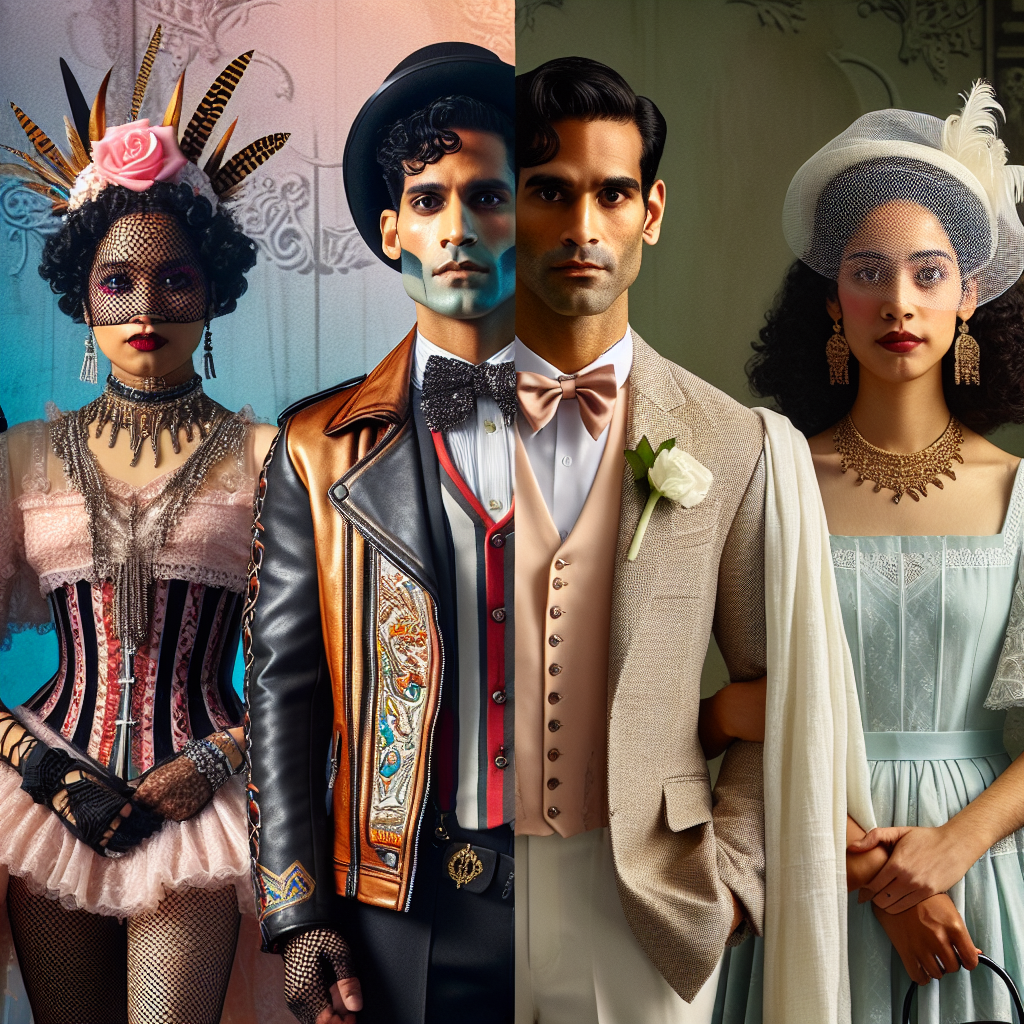 Stunning Outfits for Rocky Horror & Baptism Events A divided image showing two diverse fashion styles. On the left, a South Asian man and a Caucasian woman are adorned in eye-catching, theatrical outfits, comprising corsets, fishnet stockings, leather jackets, and sequined hats, embodying the flamboyant nature of Rocky Horror costumes. On the right, a Middle-Eastern woman and a Hispanic man are dressed in elegant, modest attire suitable for a baptism event. The woman wears a pastel knee-length dress and a fascinator hat, while the man dons a crisp linen suit. The duality of the apparel holds a captivating contrast.