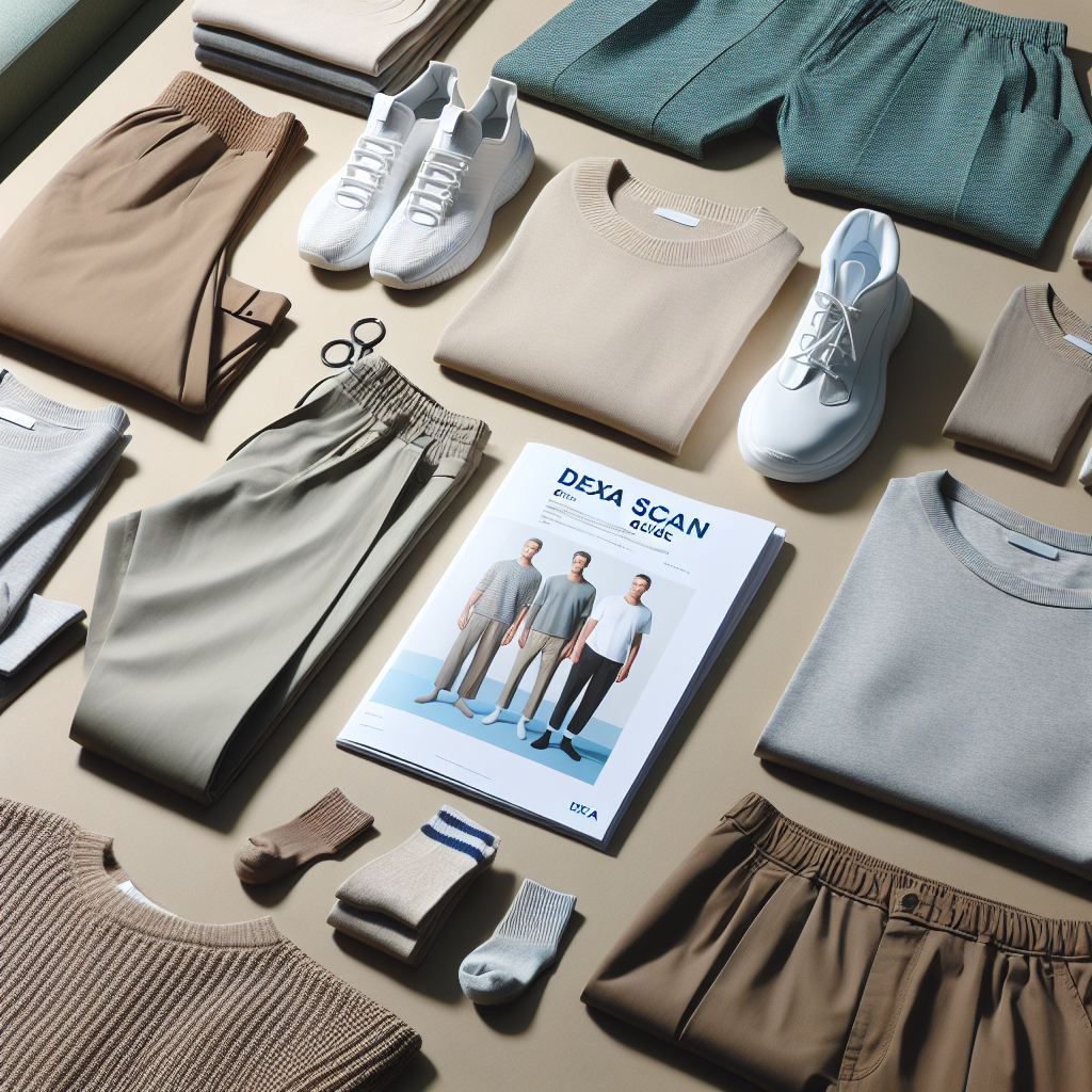 An inviting, organized scene featuring an assortment of clothing options suitable for a Dexa Scan appointment. Set against a calm, neutral background, arrange a variety of different clothes: relaxed trousers, loose-fitting shirts, and soft socks, all devoid of metal. Include in the foreground, an information booklet clearly labeled 'Dexa Scan Guide' hence giving the layout a sense of context. Emphasize the feeling of comfort and ease to convey the simplicity and breeziness of the preparation process.