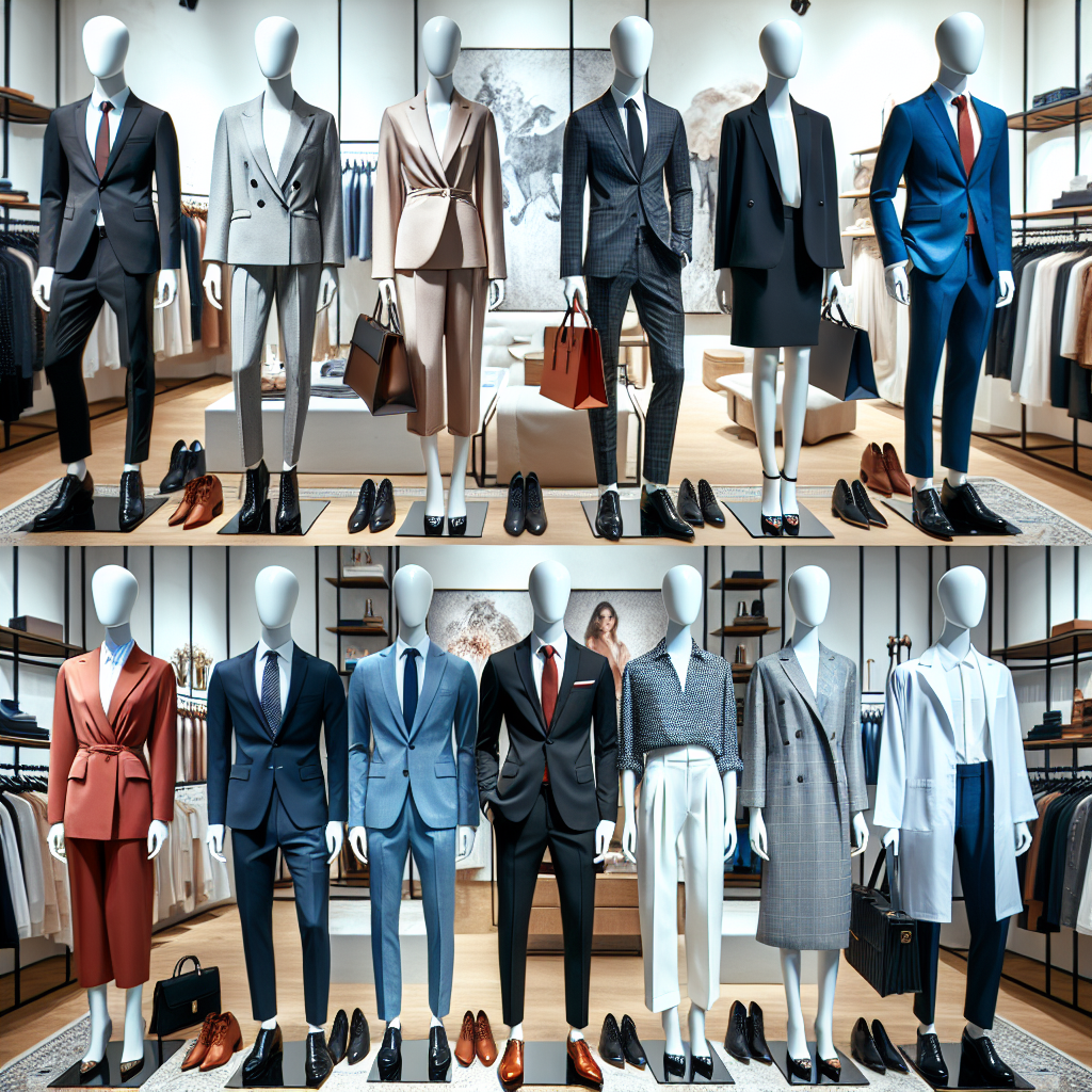 Stunning Job Interview Outfits - Exclusive Picks Create an image of a bustling modern boutique with polished mannequins in various stylish job interview outfits. The outfits range from a sleek suit for a white corporate businesswoman to a casual-chic ensemble for an Asian man in tech. Also include a sophisticated dress suit for a black lawyer and a crisp medical lab coat for a Hispanic male doctor. Each outfit competently represents the industries they are meant for, catering to the formality and style of each profession. The scene is filled with various accessories and shoes to complement each outfit, reinforcing the aura of sophistication and professionalism.