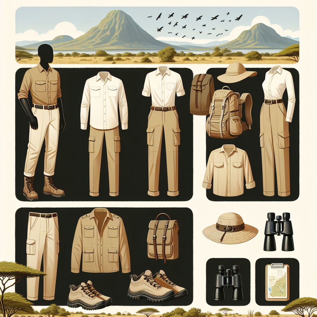 Safari Style Guide: Must-Have Looks for Kenya Adventures Create a visual guide for safari style clothing against a Kenyan landscape backdrop. Include khaki trousers worn by a Black male and a sun hat donned by a Hispanic female, paired with neutral-toned, breathable shirts. These outfits should be accessorized with durable hiking boots, insect repellent wristbands, and waterproof binoculars. The landscape should be teeming with signature Kenyan flora and fauna with a picturesque mountain range in the background. All elements should work together to depict a stylish yet functional wardrobe perfect for adventurous explorations in Kenya.