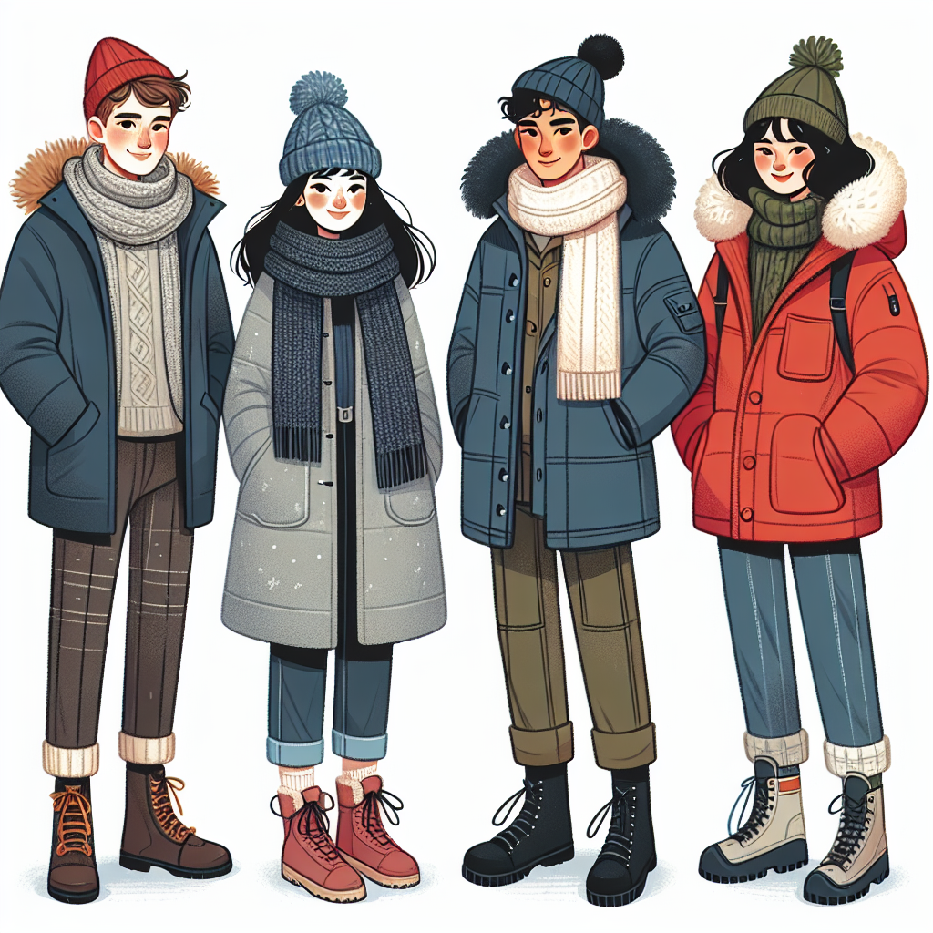 Cold Day School Outfits: Must-Have Warm Essentials Illustration of a cold day at school, featuring four students of different genders and descents all dressed in warm, must-have essentials for winter. A Caucasian male is wearing a chunky knit scarf, frosty blue winter jacket and sturdy boots. An Asian female is wearing a burgundy woolen hat, thermal grey peacoat and insulated snow boots. A Black female is outfitted in a multicolored muffler, olive green faux fur lined parka and waterproof ankle boots. A Hispanic male is seen in a black beanie, bright red puffer jacket and fleece-lined hiking boots. They all have warm smiles, braving the cold together.