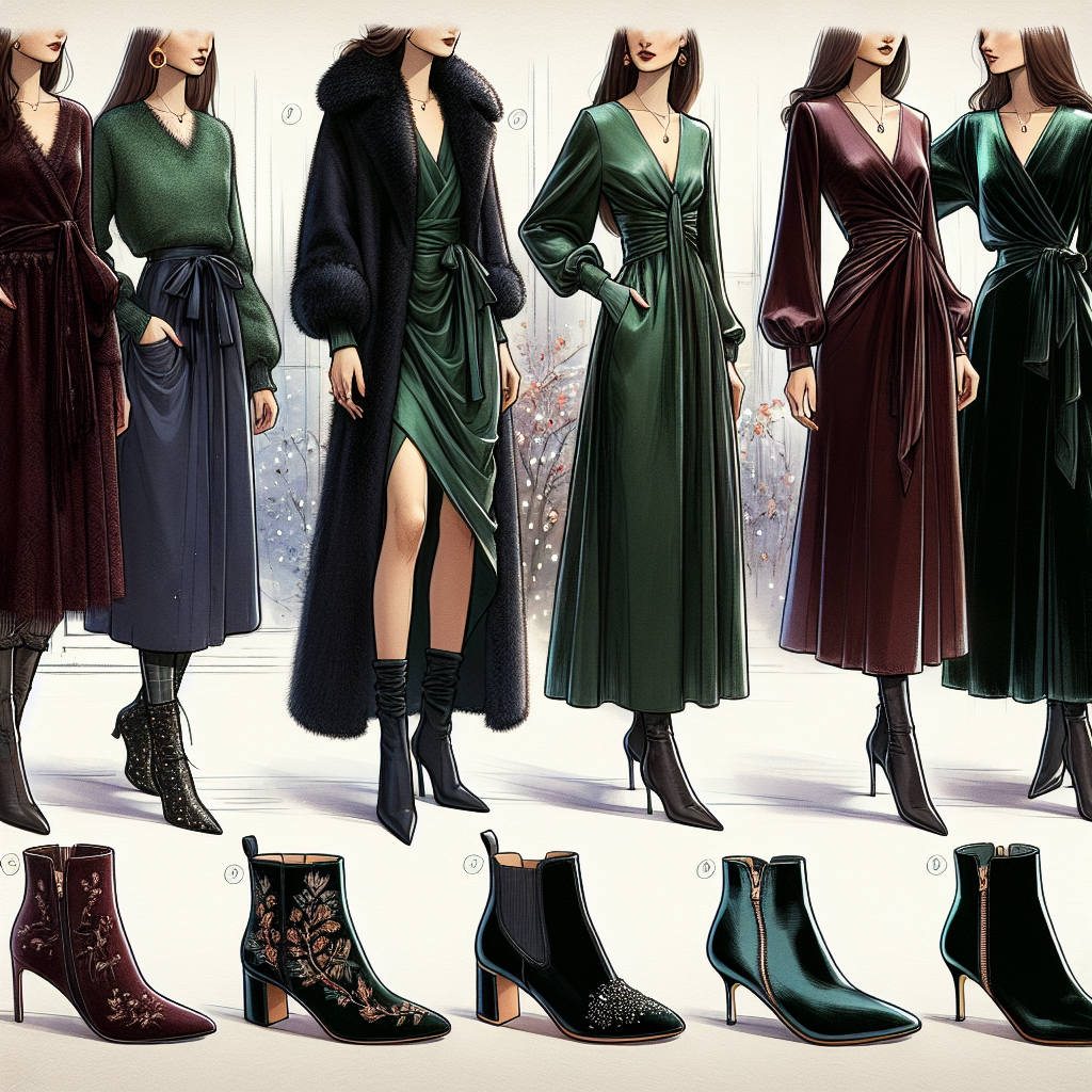 Must-Have Shoes for Winter Midi Dresses: Style Guide Imagine a detailed style guide for a winter fashion collection. This style guide focuses on a variety of midi dresses, each paired with the perfect winter shoe. The first dress, a Middle-Eastern woman is wearing a cozy burgundy midi dress with a black fur collar, paired elegantly with knee-high leather boots, that have tiny intricate designs. Now, imagine a South Asian woman, clad in an emerald satin midi dress with flowing long sleeves, matched with a pair of velvet ankle boots adorned with golden accents. Lastly, visualize a Caucasian woman in a rich navy velvet midi dress with a twist front feature, styled with a pair of shiny patent leather loafers with a sleek, modern design. The background of the image is soft winter lighting that highlights the dresses and shoes.