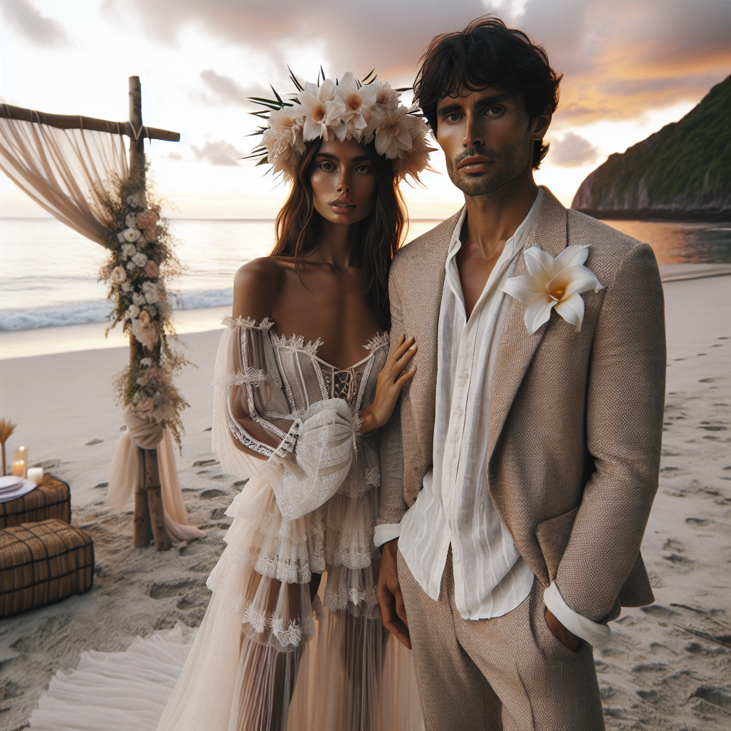 Stunning Beach Wedding Outfits: Effortlessly Chic Picture a serene beach at sunset, with the sky hued in soft oranges and pinks. There's a beautiful wedding setup with a rustic bamboo arch adorned with delicate white flowers and billowy chiffon. Focus on two individuals, a man and a woman, dressed for the occasion. The woman, of Hispanic descent, wears a bohemian-inspired wedding dress with delicate lace details and an effortlessly chic flower crown. The man, of South Asian descent, is clad in a lightweight suit in soft beige, with a crisp white shirt, no tie, holding a straw hat. Both barefoot, their attire reflects the perfect combination of casual elegance and tropical glamour.