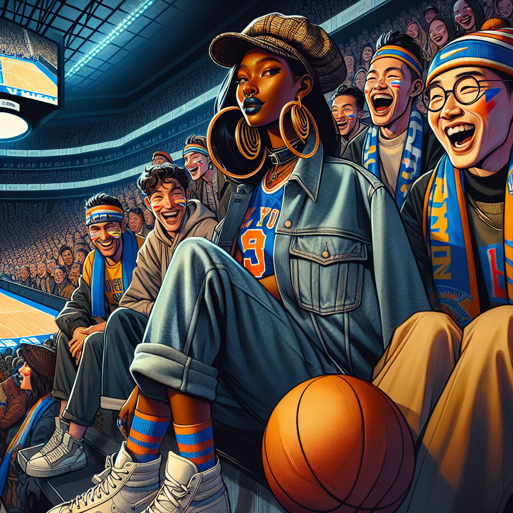 What to Wear to a Basketball Game: Stunning Picks! A fashion-forward visual description of attendees at a basketball game. An African-American woman in a stylish denim jacket, oversized hoop earrings, and a team jersey. She's sharing a laugh with her South Asian sidekick decked out in a laid-back look, with a vintage cap and cool sneakers. A group of animated Caucasian spectators in matching team scarves and vibrant face paint surround them, displaying their exuberance. The arena buzzes with vibrant energy, the court in the background lit under the spotlight. A fusion of sports and style, celebrating diversity and spirit.