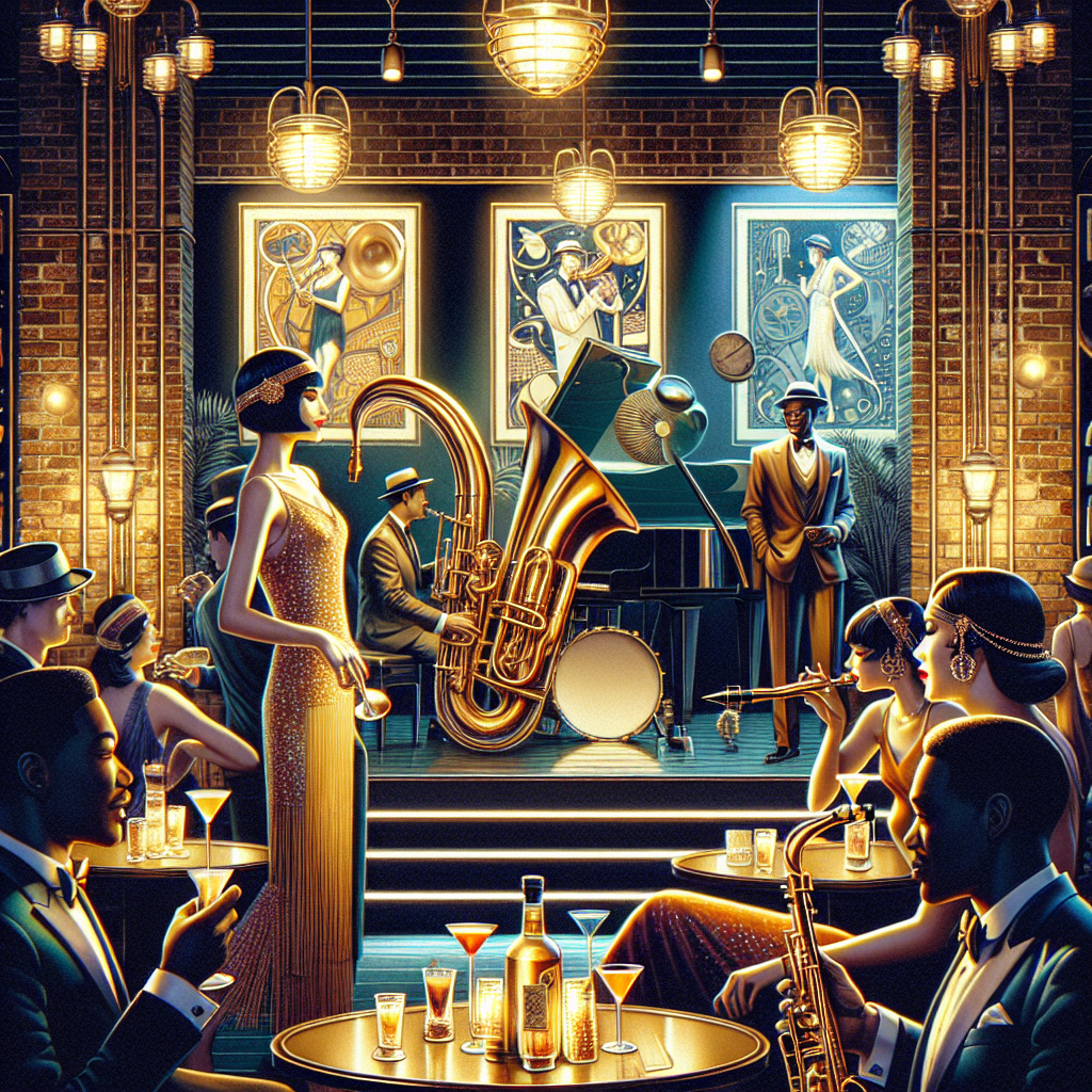 Jazz Club Style Guide: Discover Stunning Must-Haves! Envision a vibrant jazz club scene filled with fashionable items and must-haves. The central image is a lit-up stage with a gleaming brass saxophone, a shining black piano, and an elegant microphone stand. Around the club, stylish patrons sip from sleek cocktail glasses, draped in glamorous attire, including a flapper dress on a South Asian woman and a tailored suit on a black man. Art Nouveau posters adorn the brick walls, and dim vintage lighting hangs from the ceiling, casting soft shadows. The atmosphere is filled with an air of sophistication, embodying the captivating spirit of jazz.
