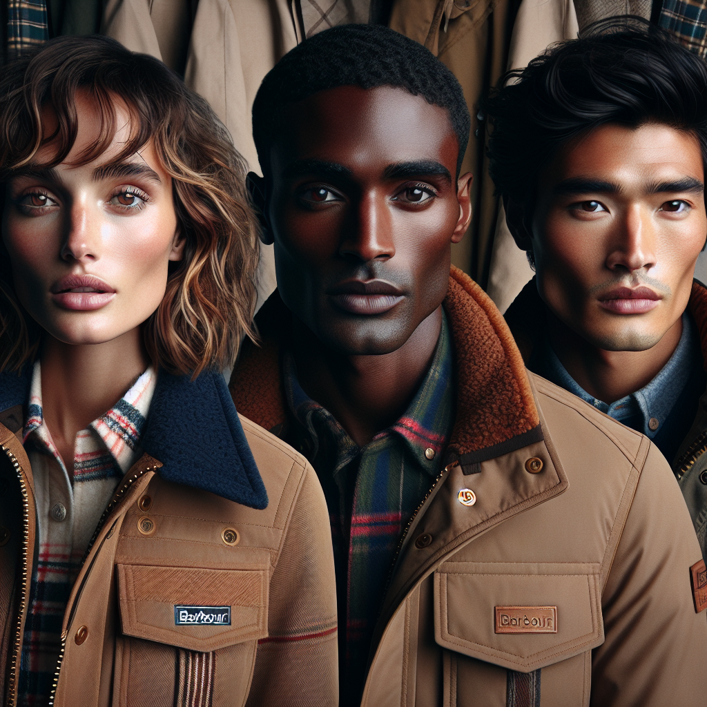 An image showcasing a variety of chic and effortless styles for Barbour jackets. The image should include three models showcasing the jackets. The first model is a Caucasian woman with wavy medium-length hair, exuding an air of effortless elegance. The second model is a Hispanic man with short hair looking confidently modern. The third model is an Asian man with long hair, showcasing a mix of classic and contemporary vibes. Please include details like Barbour's signature tartan lining, classic waxed cotton, and rugged durability.