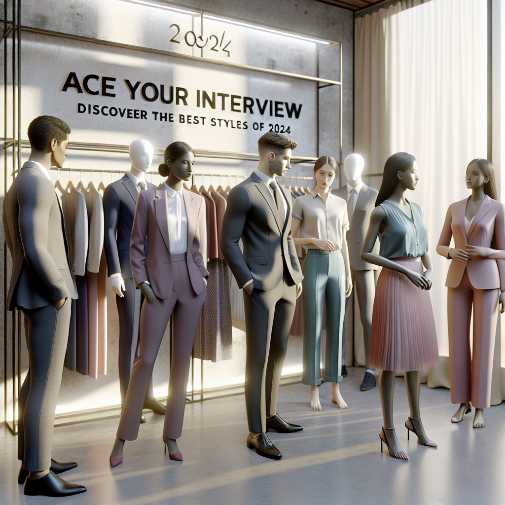 A visualization of a professional attire store in the future year 2024. Various suits, dresses, and business casual attire are displayed on mannequins. A multiracial group of customers, diverse in their gender, are present, exploring the collection. One man of hispanic descent admires a charcoal suit, while a South Asian woman contemplates a pastel blouse and skirt set. There is a large sign in the store's window that reads, 'Ace Your Interview: Discover the Best Styles of 2024'. Soft light pours in from the windows, casting gentle shadows over the displays.