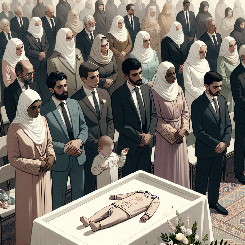 Stunning Baby Funeral Outfits: Effortless Elegance Depict a sorrowfully serene scene at a baby's funeral. Show compassionate attendees, men and women of varying descents like Hispanic, Black, Caucasian, and Middle-Eastern, all elegantly dressed in muted colors, purposefully adorned to show respect and mourning. In particular, imagine a poignant display of baby clothes, symbolizing the loss. These clothes should evoke simplicity and sophistication, with delicate designs in soft hues. An understated elegance should permeate the scene, emphasizing the gravity of the occasion while still demonstrating the beauty of unity in grief.