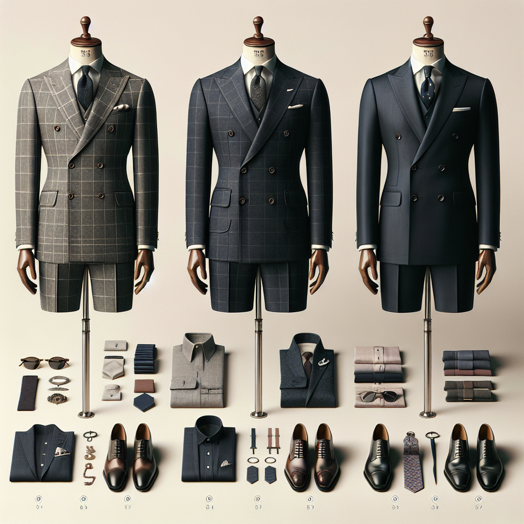 Suit Fitting Style: Find Your Perfect, Must-Have Look Conceptualize an image showcasing multiple suit fitting styles on mannequins. On the left, depict a mannequin donning a classic British style suit, characterized by its double-breasted blazer and structured shoulder. In the middle, portray a mannequin wearing an Italian style suit, with a single-breasted blazer and soft shoulders. On the right, show an American style suit, with a single-breasted blazer and a loose cut. Each suit should be of different colors - dark gray, navy blue, and black respectively. Around the mannequins, integrate some accessories like ties, pocket squares, and a variety of shoes.