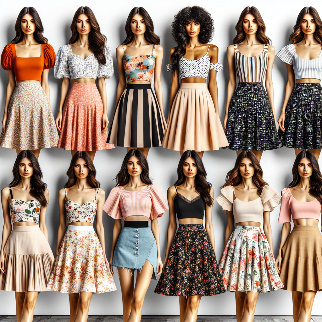 Stunning Tops for A-Line Skirts: Must-Have Pairings! Showcase an array of stunning tops paired with A-line skirts ideal for various occasions. Display a mix of casual, semi-formal, and formal tops in different designs such as crop tops, blouses, peplum tops, and sleeveless tops. They could come in a variety of vibrant colors, patterns, and materials. Pair these tops with an equally diverse collection of A-line skirts. The skirts could be in bold solids, playful polka dots, or dainty florals in a range of lengths from mini to maxi. Include both flatlay and modelled styles. The models should represent a variety of descents including Caucasian, Hispanic, Black, Middle-Eastern, South Asian, and White women.