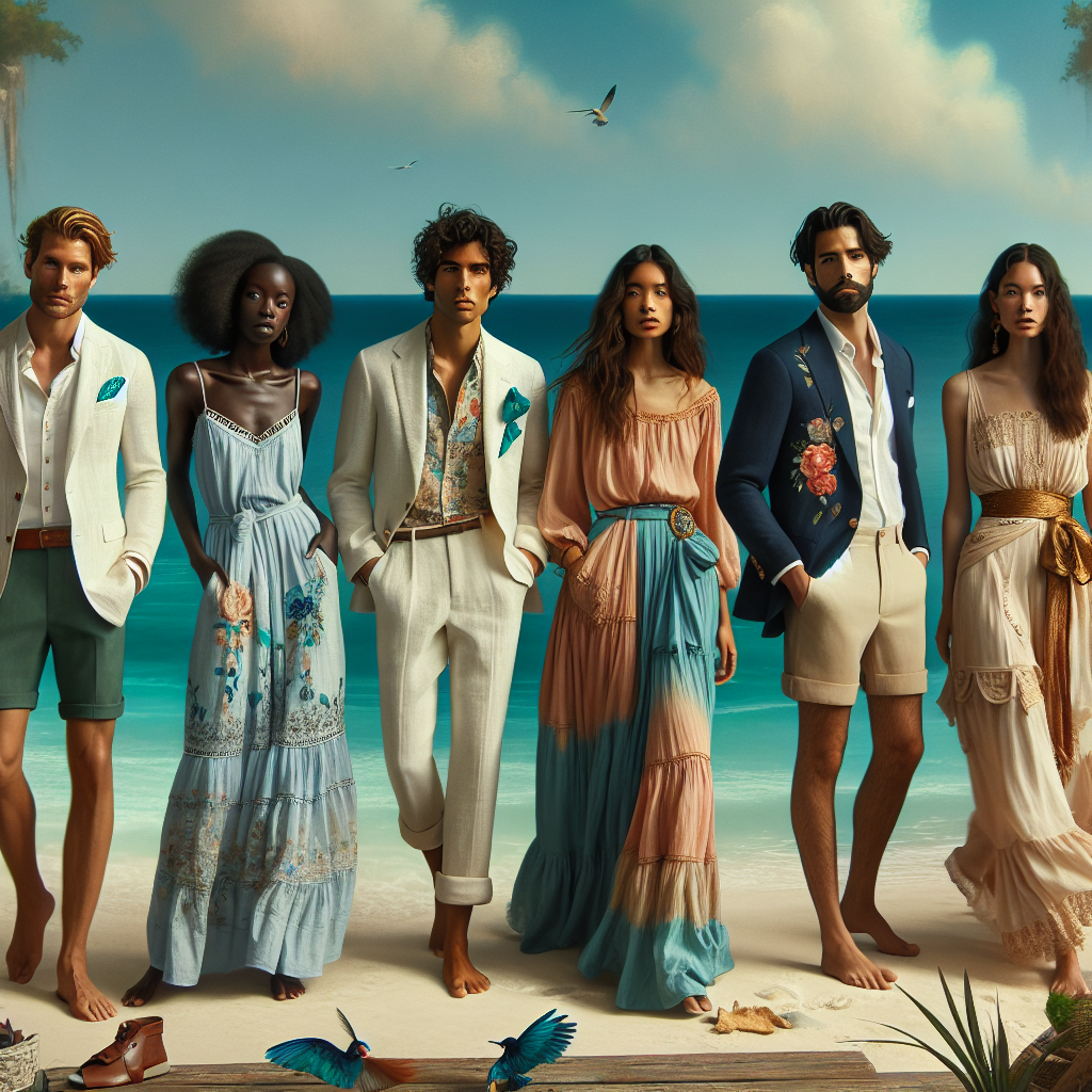Stunning Beach Wedding Outfits for Every Guest A diverse set of guests at a beach wedding, dressed in fabulous outfits suited for the occasion. The scene includes: A South Asian man wearing a white linen suit with a turquoise pocket square; a Black woman adorned in a flowing, floral sundress; a Hispanic woman in a bohemian-style, maxi dress; a Caucasian man dressed in a navy blue blazer over khaki shorts; and a Middle-Eastern woman in a soft pink silk garment with gold accents. The beach setting with a cerulean sea in the background brings out the Summer vibrancy in their clothing.