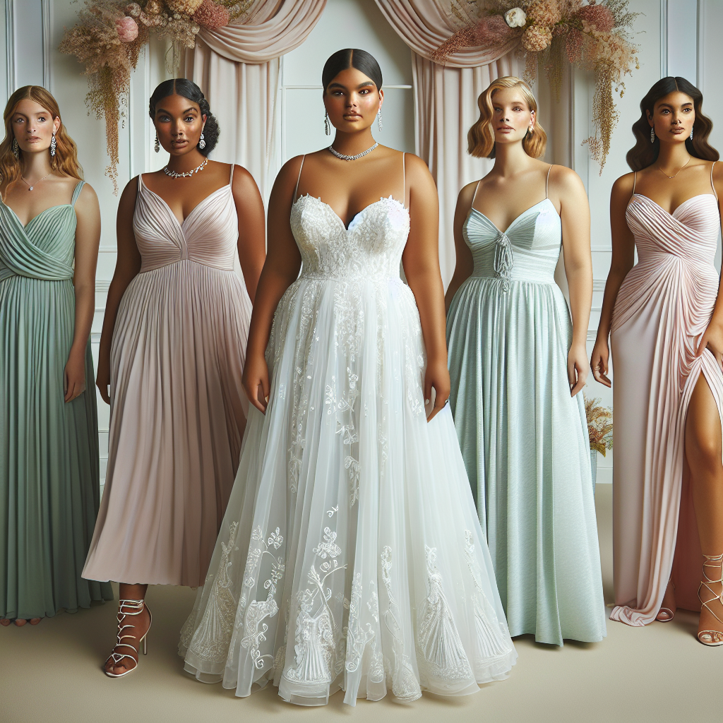 Effortless Plus-Size Wedding Styles: Must-Have Looks A display of plus-size wedding styles that emphasize comfort and elegance. At the center, a radiant plus-size bride, of Middle-Eastern descent, wearing a flowing white gown with intricate lace designs, tastefully embellishing her curves. On one side, a South Asian plus-size bridesmaid in a mint green A-line dress with chic drapery, adorning the bust and waist. On the other side, a Hispanic plus-size maid of honor showcasing a blush pink maxi dress with pinpoint ruching. Include various accessories such as hair vines and delicate jewelry. The background should encompass a classy wedding venue to complete the look.