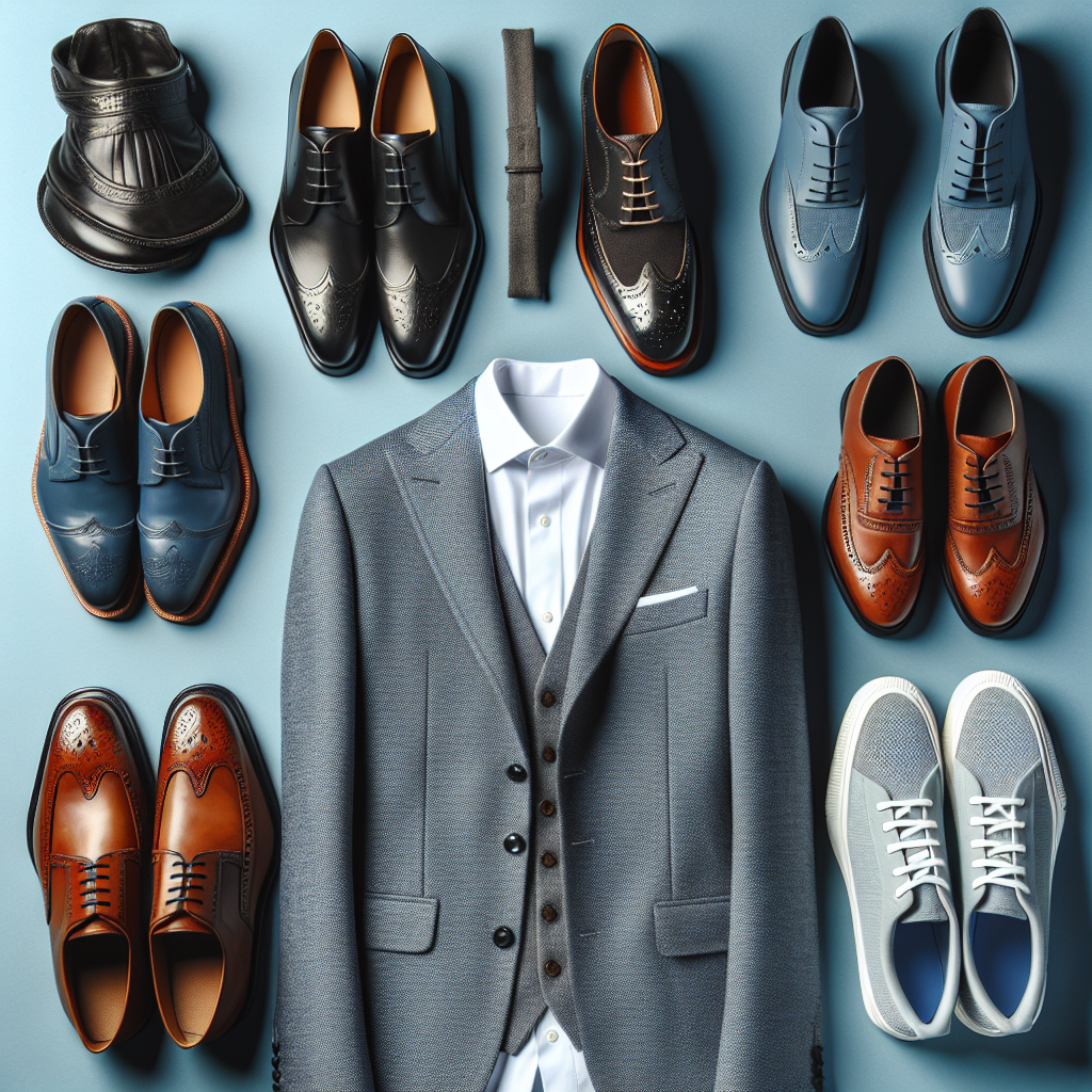 Must-Have Shoes for a Blue Suit: Effortless Style Display an array of high-fashion footwear laid out together, designed to go seamlessly with a stylish blue suit. The shoes present should diverse in style and cater to different tastes, including classic black leather loafers, sophisticated brogues, minimalist white sneakers, and sleek brown derby shoes. Make sure the suit is neatly laid out behind the shoes, with the jacket and trousers made of refined blue fabric. The image should exude easy sophistication and should be a true representation of today's diverse and inclusive fashion choices.