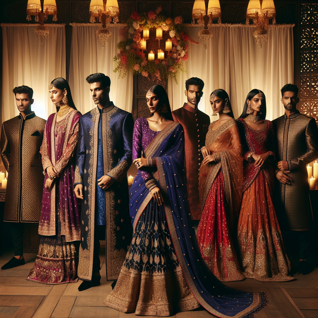 Stunning Outfits for Indian Engagement Parties: Effortless Style Showcase a collection of stunning outfits suitable for an Indian engagement party. Include an array of traditional Indian garments, such as sarees for women, and sherwanis for men, portrayed in an array of vibrant colors like royal blues, deep reds, plush purples, and radiant golds. Let some outfits shine with intricate gold embroidery detailing and sequins, symbolizing elegance and celebration. Decorate the scene with ambient lighting and classic Indian decor elements. Ensure the individuals wearing these clothes vary in descent from Caucasian, Hispanic, Black, Middle-Eastern, and South Asian and display various genders as well.