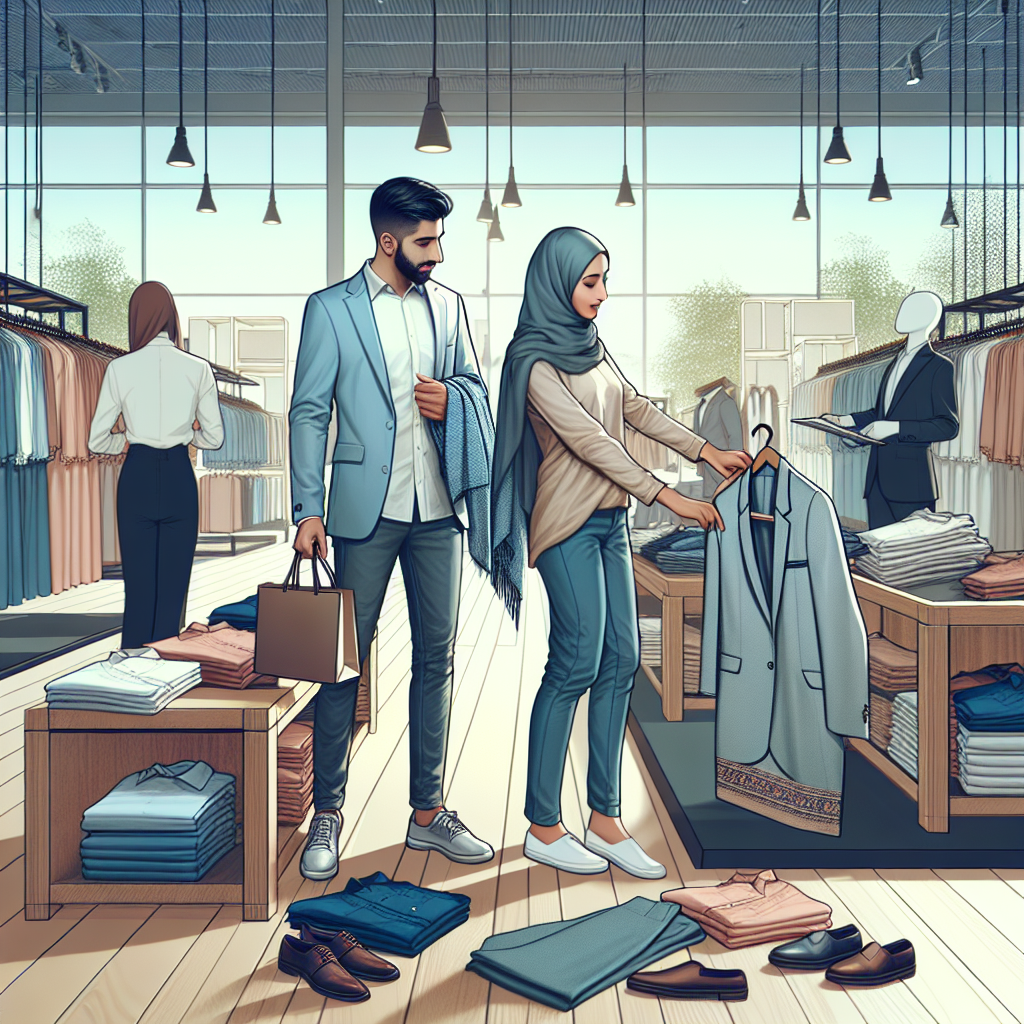 Casual Interview Attire: Find Your Must-Have Look! Visualize a scene of a busy shopping scenario where two people are picking up casual attire suitable for a job interview. Picture a Middle-Eastern male reaching out for a neatly folded light blue blazer and a South Asian female examining a pair of grey slacks. Include a variety of attire options such as shirts, trousers, skirts, footwear and accessories being displayed in the background to provide context. The ambiance is relaxed but enthusiastic, reflecting the vivacity of selecting the perfect outfit for a positive impression.
