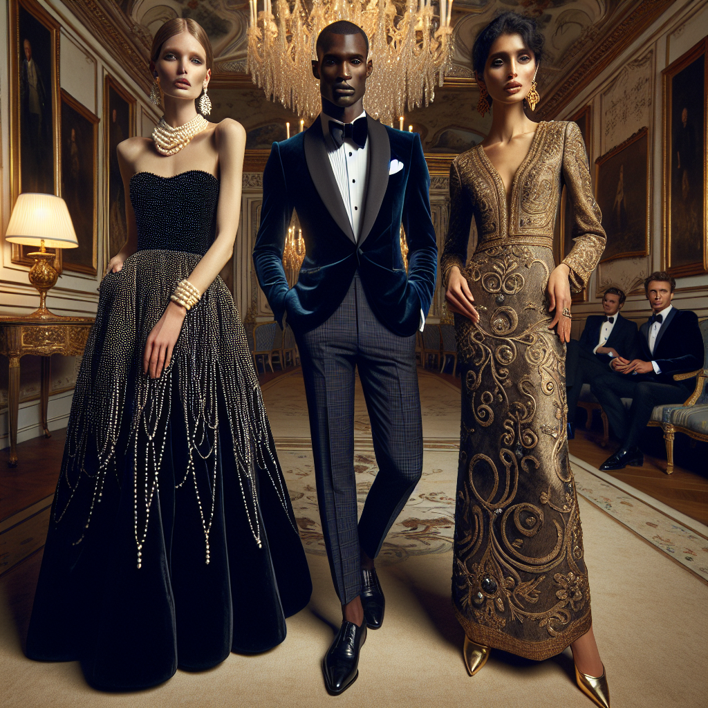 Stunning Outfits for a Ball: Effortlessly Chic Choices An elegant scene at a grand ball featuring three individuals showcasing their stunning outfits. The first person, a Caucasian lady, is wearing a chic black velvet gown adorned with pearls, matching her pearl necklace and earrings. The second person, a Black man, is debonair in his tailored navy blue tuxedo, paired with a bright bow tie and polished black shoes. Lastly, a Middle-Eastern woman is effortlessly elegant in a golden embroidered dress, accentuated by her matching golden high heels. The ballroom itself is resplendent, lit by a shimmering chandelier and decorated with tasteful artwork.
