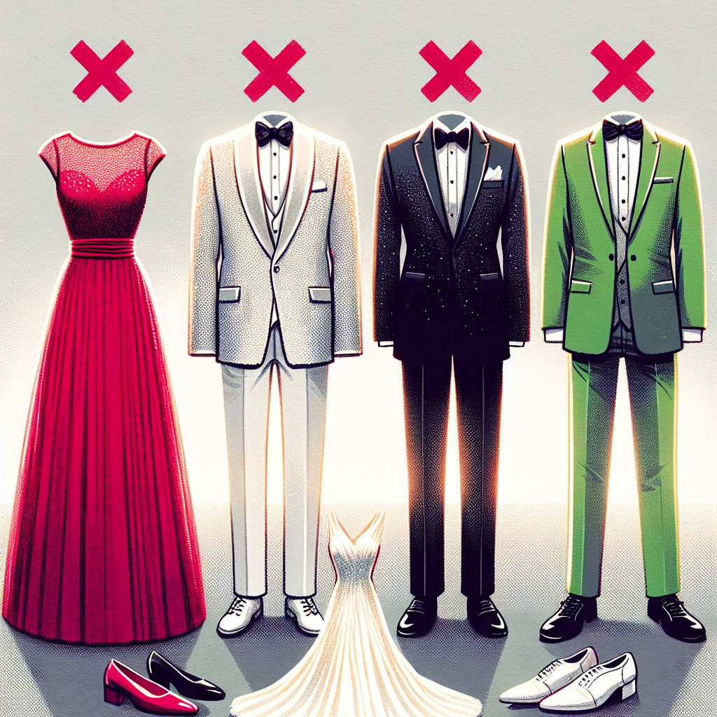 Avoid Wedding Faux Pas: Colors Not to Wear! Create a detailed and thoughtful illustration for an informative article about wedding guest etiquette. The main focus of the image should be on a variety of fashion ensembles laid out, clearly indicating's inappropriate for a wedding. Display a bright red dress, a sparkling white suit, a deep black mourning dress, and a neon green suit. Near each outfit, indicate with a large 'X' or similar symbol that these are not viewed as suitable for weddings. The background should be soft and neutral to ensure the outfits stand out prominently.