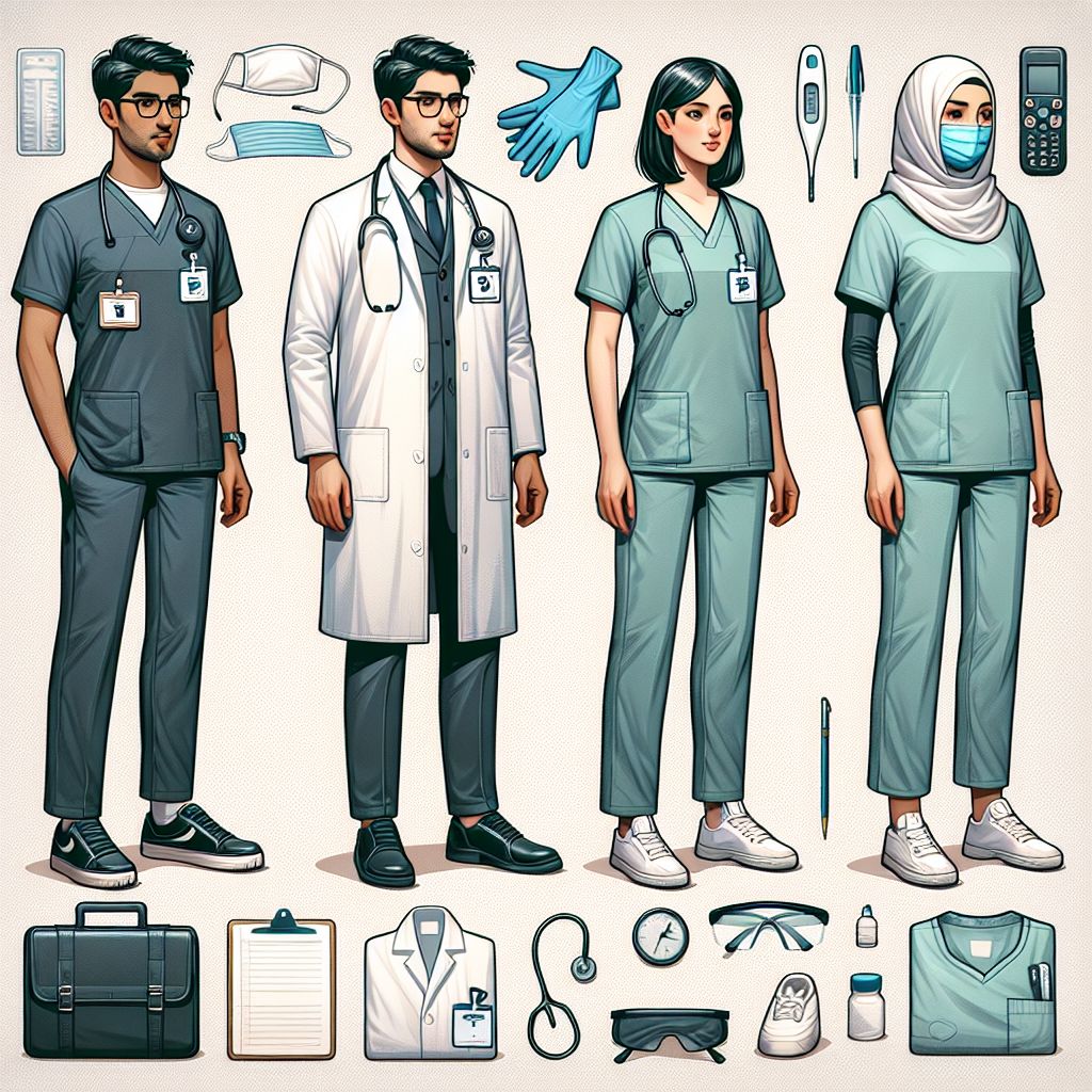 Imagine a set of must-have outfits for hospital job shadowing depicted all together. In one corner, visualize a South Asian male figure wearing neat, professional scrubs with a clip-on ID badge. Beside him, envision a Caucasian female in a whitish lab coat, comfortable shoes, goggles, and latex gloves. Next, depict a Hispanic male radiologist wearing a lead gown for x-ray procedures. Lastly, picture a Middle-Eastern female with a headscarf in a sharp business casual attire suitable for administrative roles in healthcare. Also, litter around some essential accessories such as a stethoscope, digital Thermometer, and notepads.