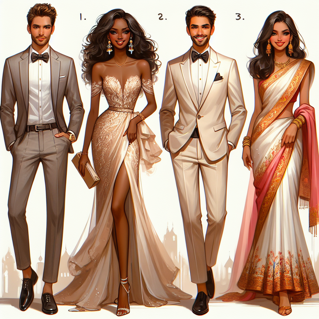 Stunning Outfits for Plus-One Wedding Guests: Effortless Style Generate an image that displays a collection of stunning outfits for 'plus-one' wedding guests. The setting is a luxurious wedding, and the outfits should depict effortless style. The image should include four different outfits for four different individuals. One outfit is for a confident white male, with a classic yet trendy suit. The second outfit is for a radiant Black female, with a gorgeous, flowy dress. The third outfit is for an elegant Hispanic male, showcasing a fashionable tuxedo. The final outfit is for a cheerful South Asian female, donning a fashionable sari. All should demonstrate a high level of sophistication and charm.
