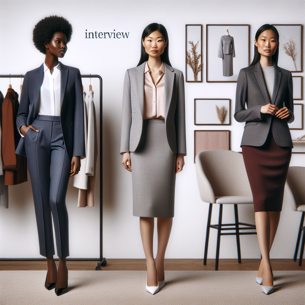 Must-Have Interview Outfits for Every Woman A collection of must-have interview outfits for women of all backgrounds. On the left, a black woman in a classic, well-tailored pantsuit in navy blue with a crisp, white blouse. In the middle, an Asian woman dressed in a knee-length grey pencil skirt paired with a light pastel blouse and matching grey blazer. On the right, a Hispanic woman showcasing a polished business-casual dress in maroon. The backdrop is a minimalist boutique-like setting with racks of various work-appropriate clothing.