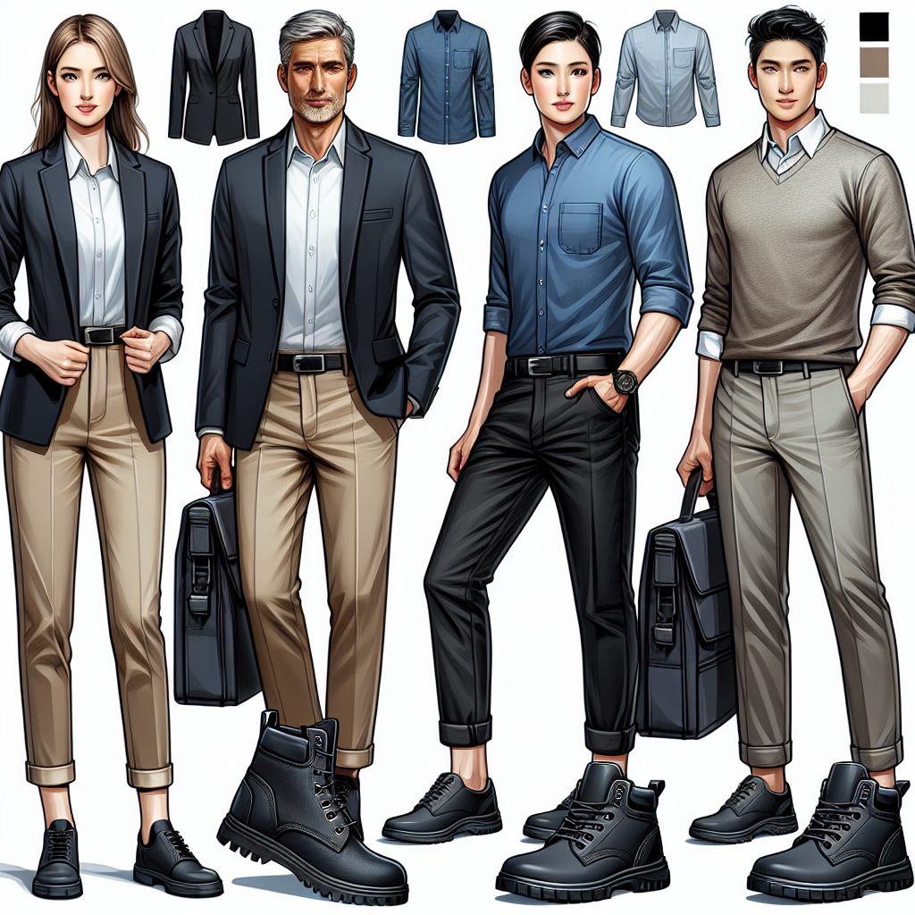 Stunning Outfits for Warehouse Interviews: Dress to Impress Imagine a variety of stylish yet practical outfits suitable for a warehouse interview scenario. Picture a young Caucasian woman wearing a chic dark-colored blazer with a semi-formal shirt, neatly pressed khaki pants, and safety-toe shoes with a fashionable twist. Next, visualize a middle-aged Hispanic man, adorning a crisp blue-collar shirt, clean jeans, and smart-looking work boots. Finally, depict a South Asian man in his early thirties, with a casual grey V-neck sweater, a light-colored button-up shirt underneath, black slacks, and a pair of black leather safety shoes. All are ready to make an exceptional impression on their potential employers.