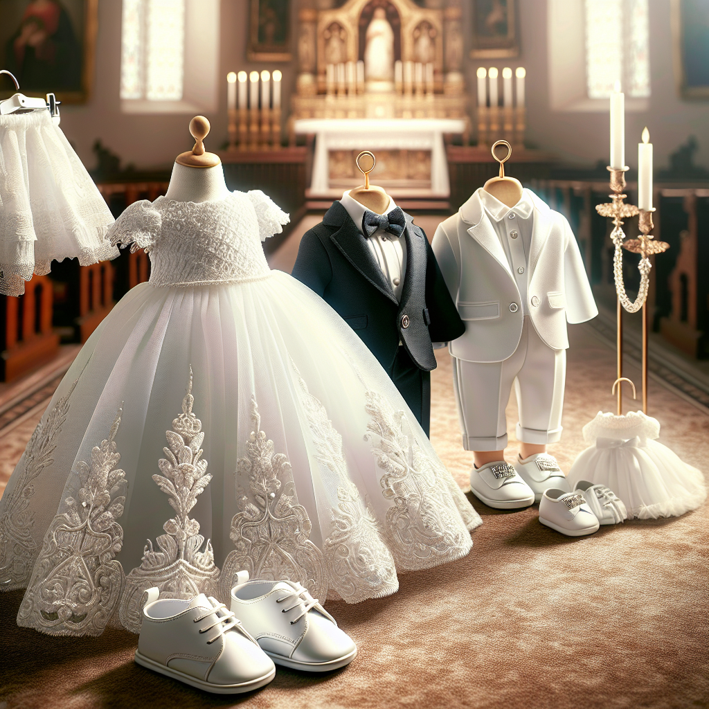 Must-Have Styles for Christening: Find Your Perfect Outfit Imagine a detailed scene with a collection of attire suitable for a christening ceremony. In the forefront, there's a beautiful, intricately-designed white gown, ideal for a Caucasian baby girl. Next to it, a charming tiny suit for a Hispanic baby boy, complete with a bow tie and shiny shoes. The scene also includes two more elegant outfits, one serving as an option for a Black baby boy, featuring an adorable white frock, and a lace-covered dress for a South Asian baby girl. The background could hint at a serene, church-like ambiance.