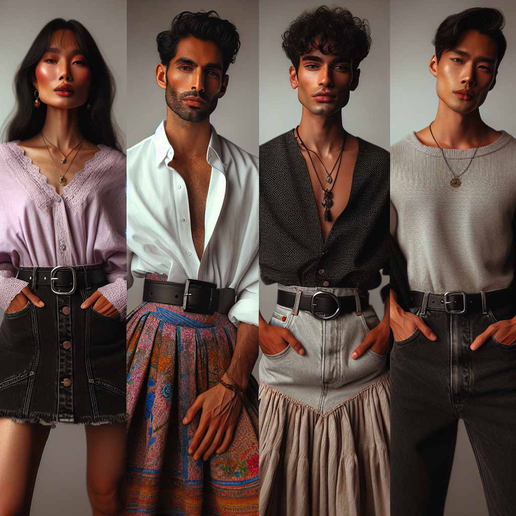 Stunning Outfits: Best Styles with Black Denim Skirts A visual interpretation portraying a selection of stunning outfits that pair excellently with black denim skirts. Four diverse racial identities can be seen, a South Asian woman, a Hispanic man, a Middle-Eastern woman, and a Caucasian man. The Asian woman is wearing a soft lavender blouse with her denim skirt, the Hispanic man is embracing genderfluid fashion with a high-fashion white collared shirt, the Middle-Eastern woman dons a vibrant patterned shawl, and the man rocks a casual grey t-shirt. The focus remains on the exquisite fashion. Picture should fall under a fashion magazine aesthetics category.