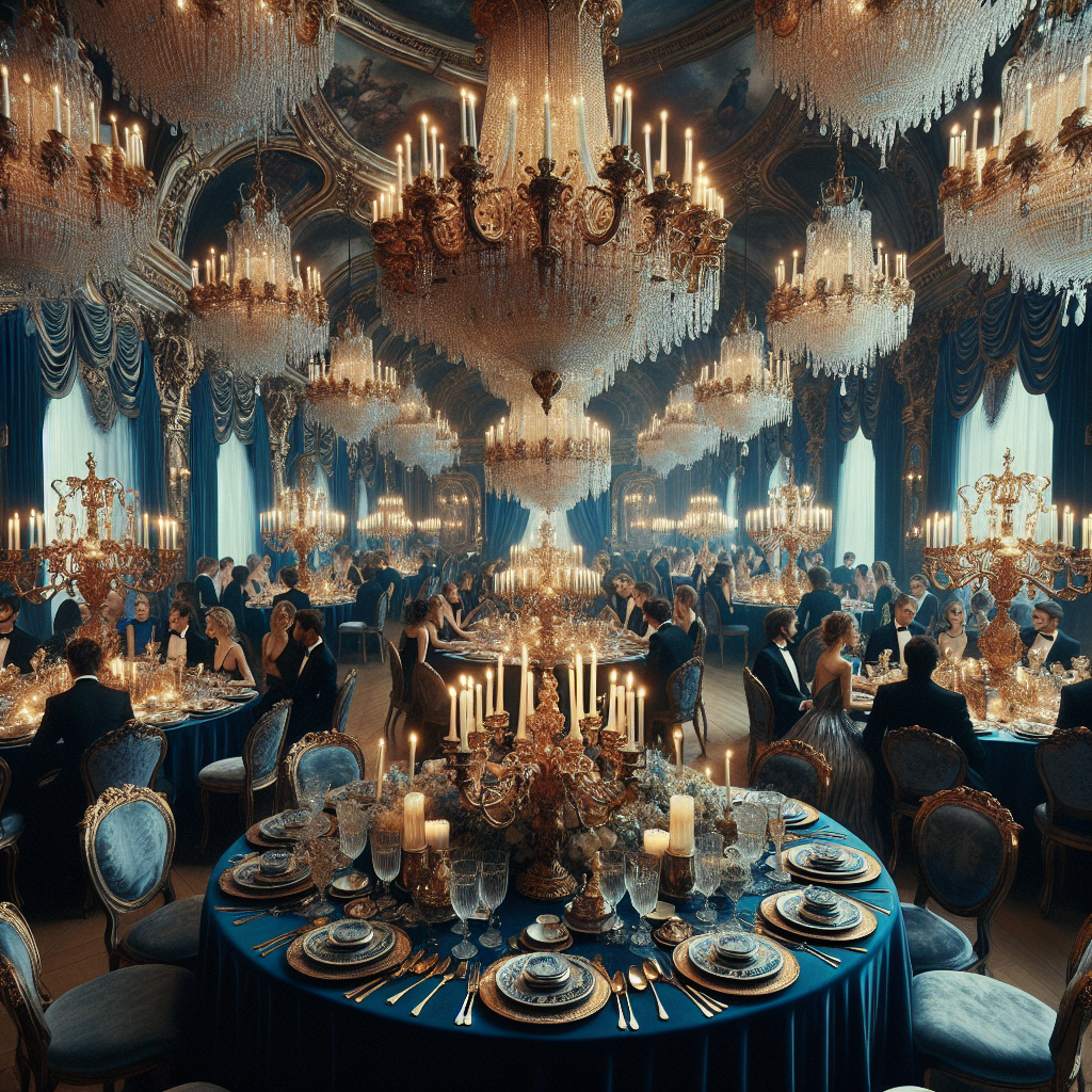 Picture an opulent banquet room filled with elegant round tables draped in rich, royal blue tablecloths. Upon the tables, gold ornate candelabras flicker with warm candlelight, casting a romantic glow on the crystal cutlery, delicate porcelain plates, and polished gold trims. At the center of the room, a grand chandelier in baroque style, with intricate detailing and a multitude of sparkling crystals, holds the high gaze. A diverse mix of guests, men in sleek black suits and women in flowy, satin gowns of various colors, engage in light-hearted conversations, their joyous laughter filling the air. The banquet exudes an atmosphere of effortless elegance and stunning beauty.