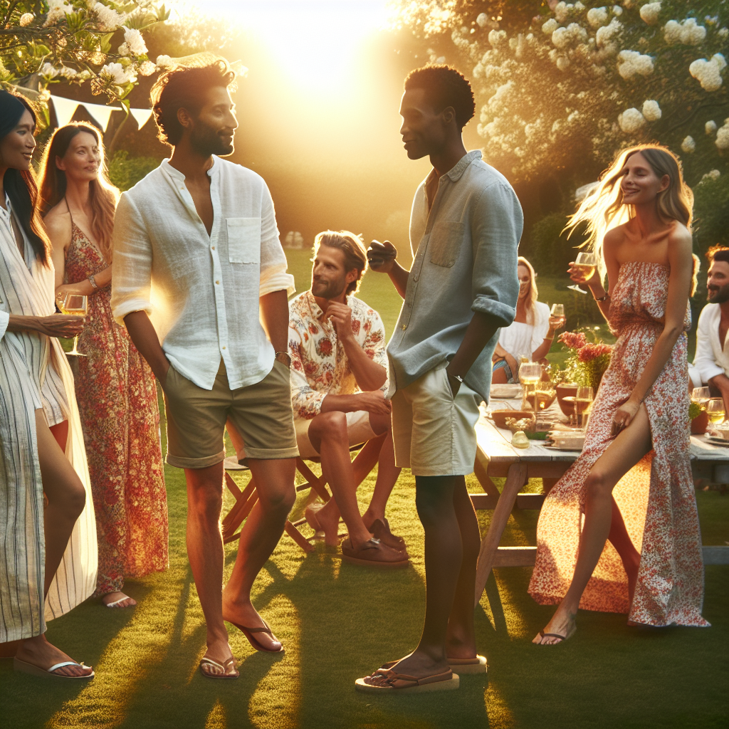 Stunning Summer Garden Party Outfits: Effortless Style Visualize a cozy summer garden party in the golden afternoon sunlight. Capture a diverse crowd of party-goers, each showcasing their unique, effortless summer style. A Middle-Eastern woman is wearing a floral kaftan; a black man is dressed in a white linen shirt and khaki shorts; a South Asian woman has chosen a vibrant maxidress. In the foreground, a Caucasian man in a relaxed chambray shirt and denim shorts is chatting with a Hispanic woman in a stylish sundress. Around them, the air is filled with the scent of blossoms and sounds of soft laughter, narrating stories of the perfect summer day.