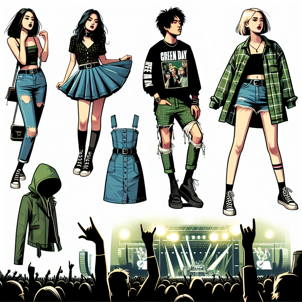 Stunning Outfits for Green Day: Rock Your Denim Skirt! Depict a variety of fashionable outfits perfect for a Green Day concert. Show a South Asian woman wearing a denim skirt combined with a vintage band T-shirt and black boots. Include a Middle-Eastern man in distressed jeans and a Green Day hoodie. Add a Caucasian woman wearing a mini denim skirt with a plaid flannel shirt. For context, all around them, show hints of a live concert setting such as stage lights, crowd, etc. Make sure to capture the energetic and fun atmosphere at the Green Day rock concert.